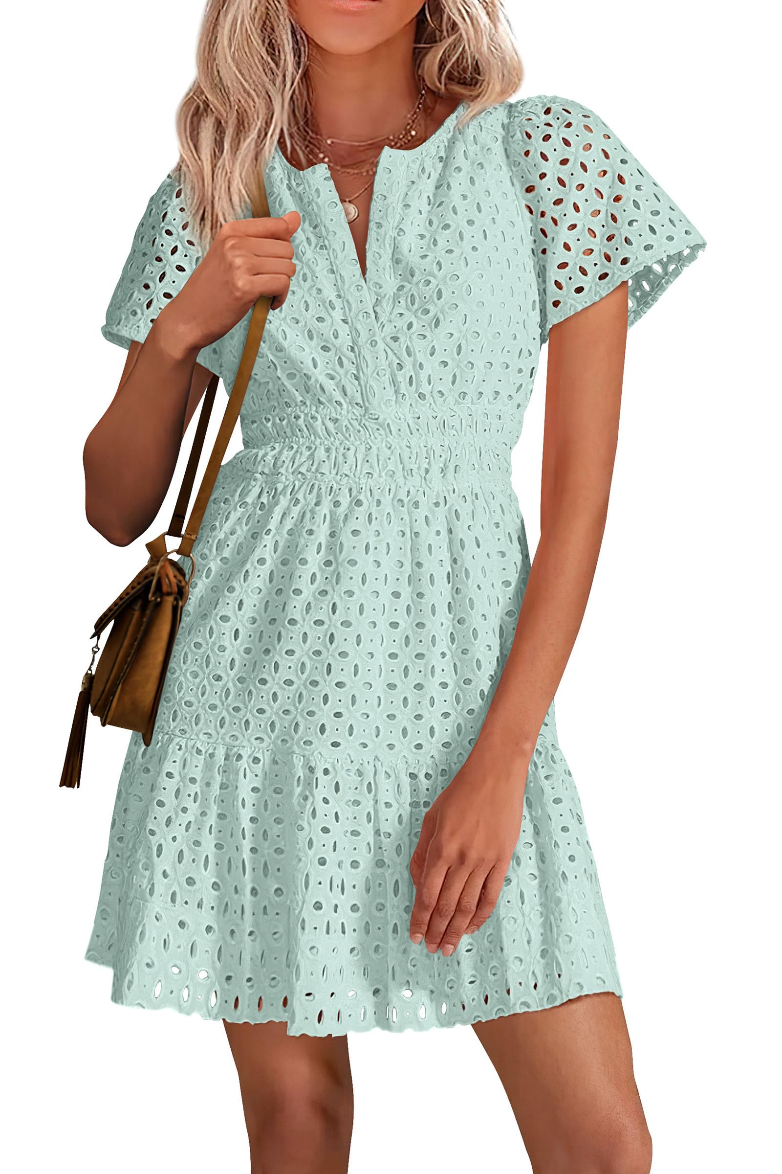 Women's Summer Eyelet Lace Short Dresses (Light Green,S)