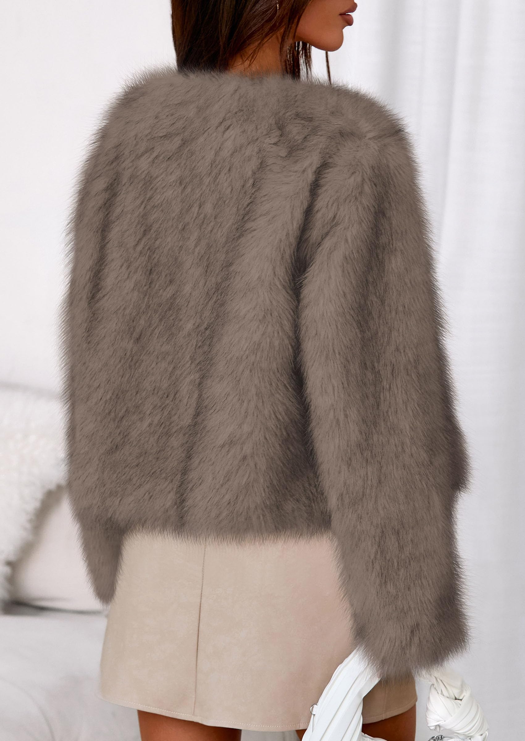 Womens Winter Coats Open Front Faux Fur Jacket,Taupe,XXL