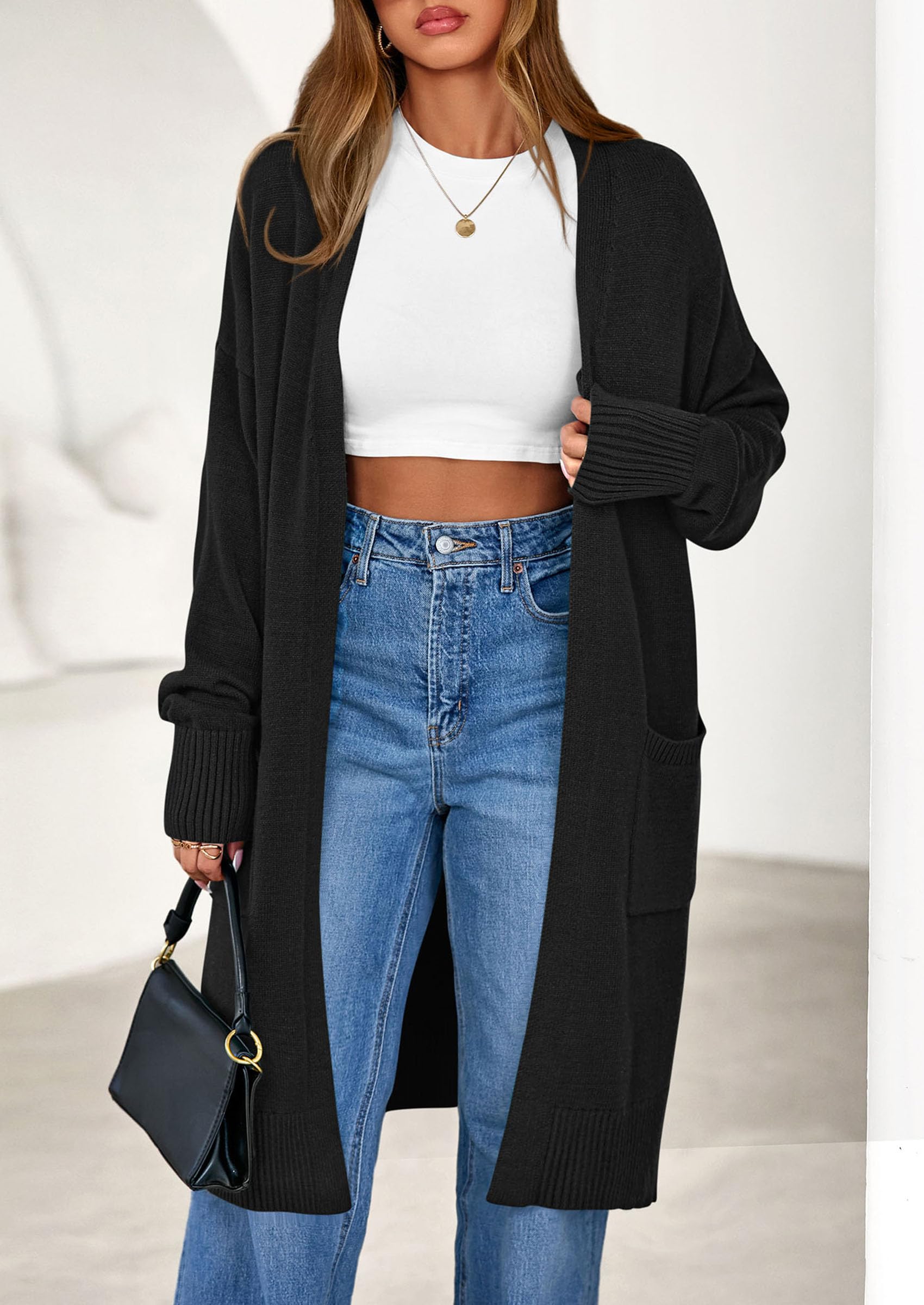 Women's Oversized Open Front Long Knit Cardigan,Black,S