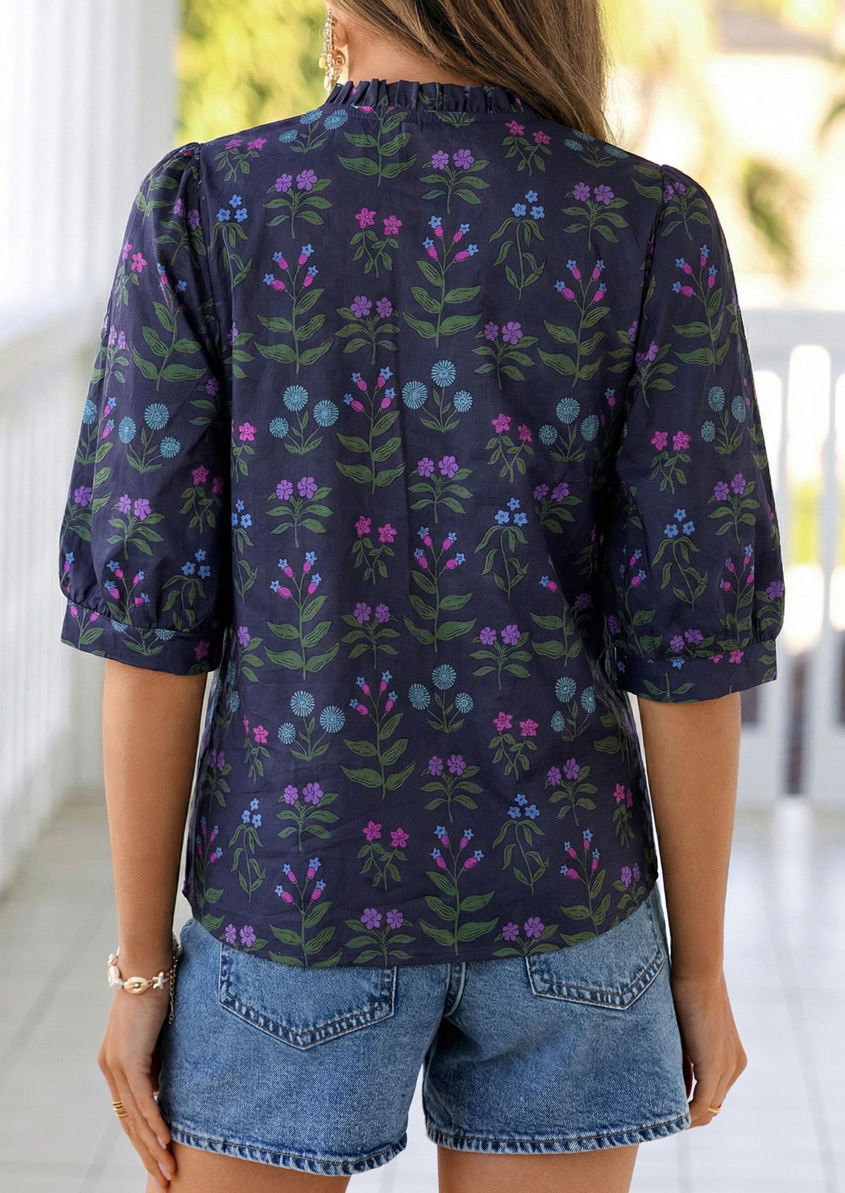 Women's Summer Floral Boho Dressy Casual Tops Navy Blue