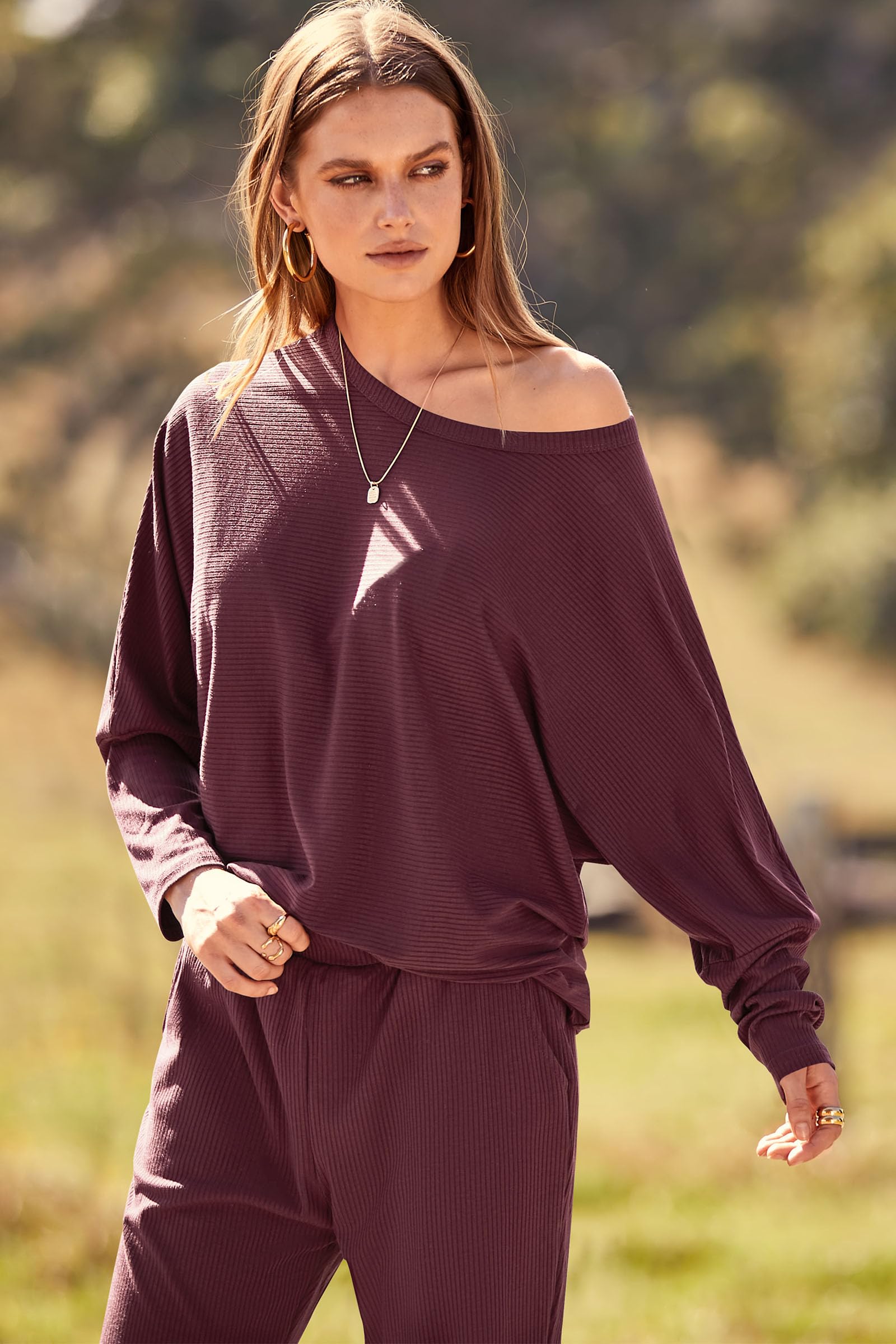 Women's 2 Piece Outfit Matching Lounge Set, Wine Red,S