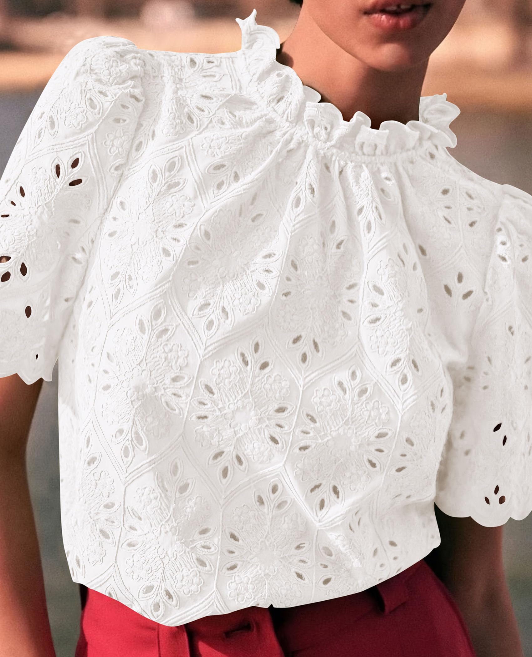 Women Summer Tops Eyelet Embroidered Shirts,White,XS