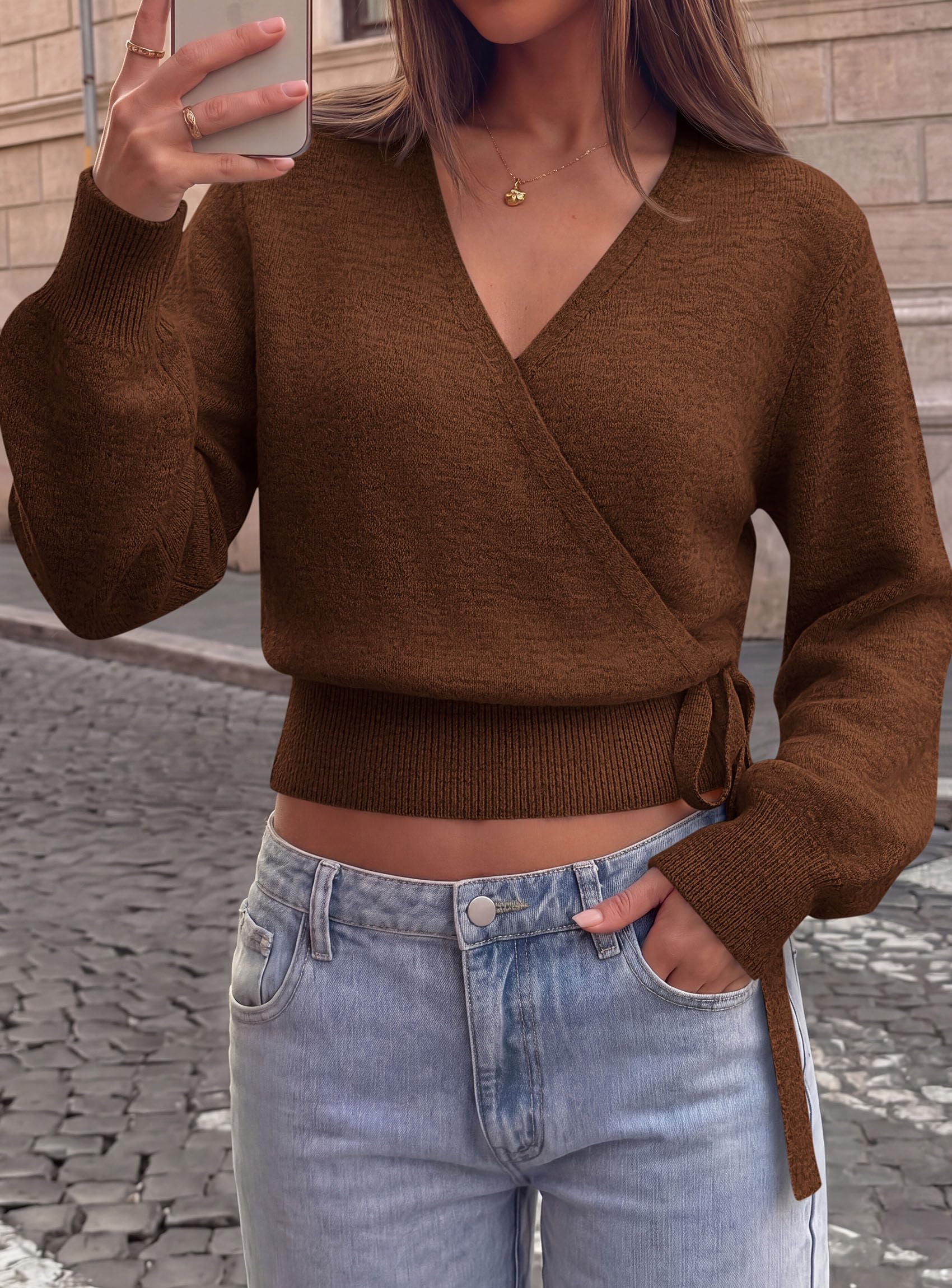 V Neck Wrap Sweaters for Women Fall Outifts Pullover Brown,S