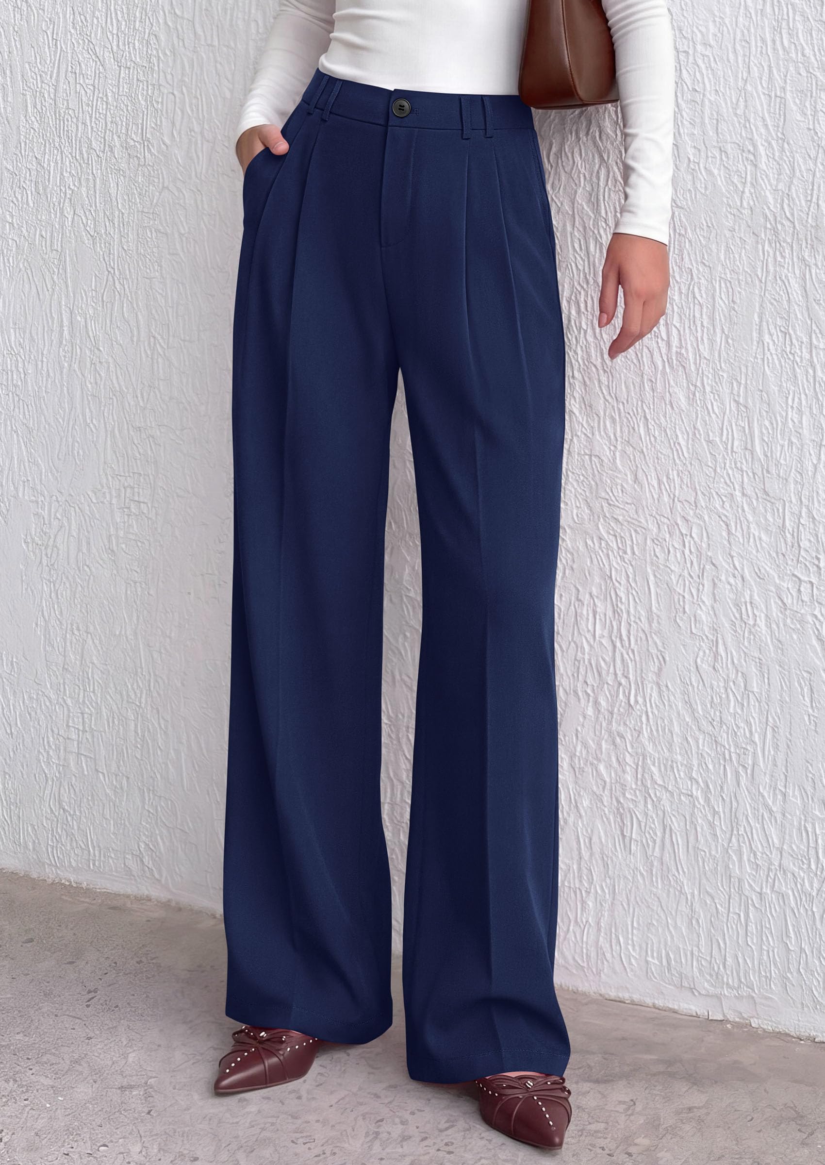Women's Dress Pants Wide Leg Flowy Trousers,Navy Blue,S