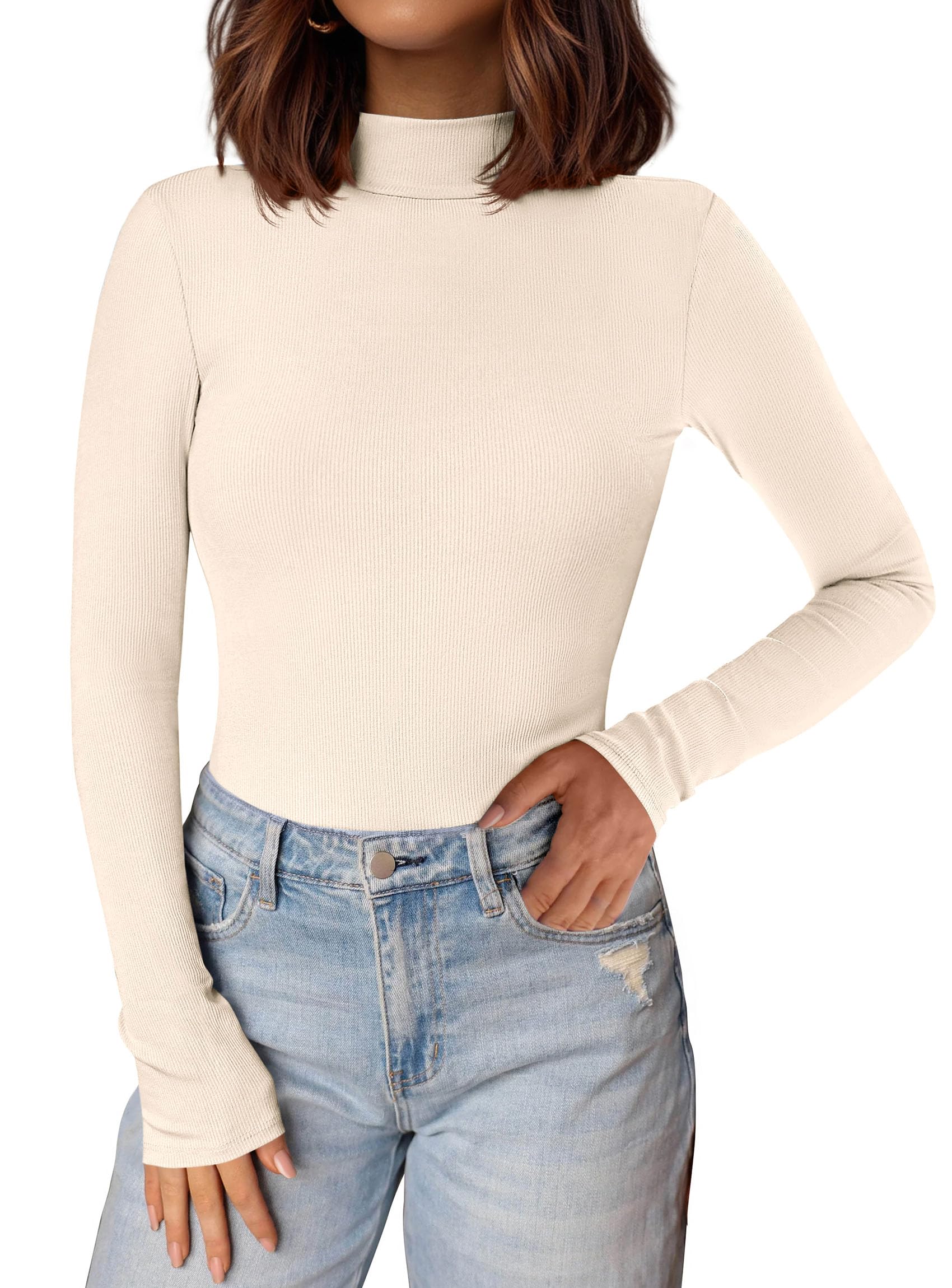 Womens Mock Turtleneck Fall Long Sleeve Shirts,Beige,S