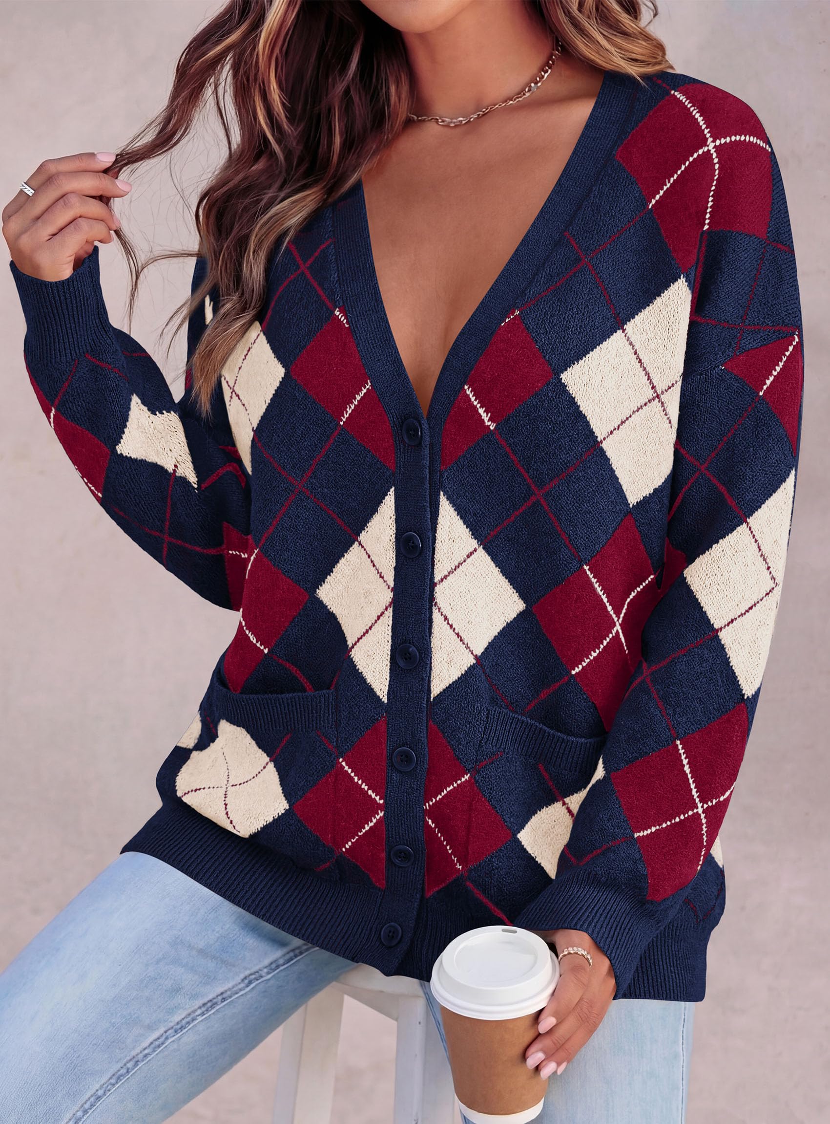 Women's Cardigan Argyle Winter Sweaters (Plaid Navy Blue,S)