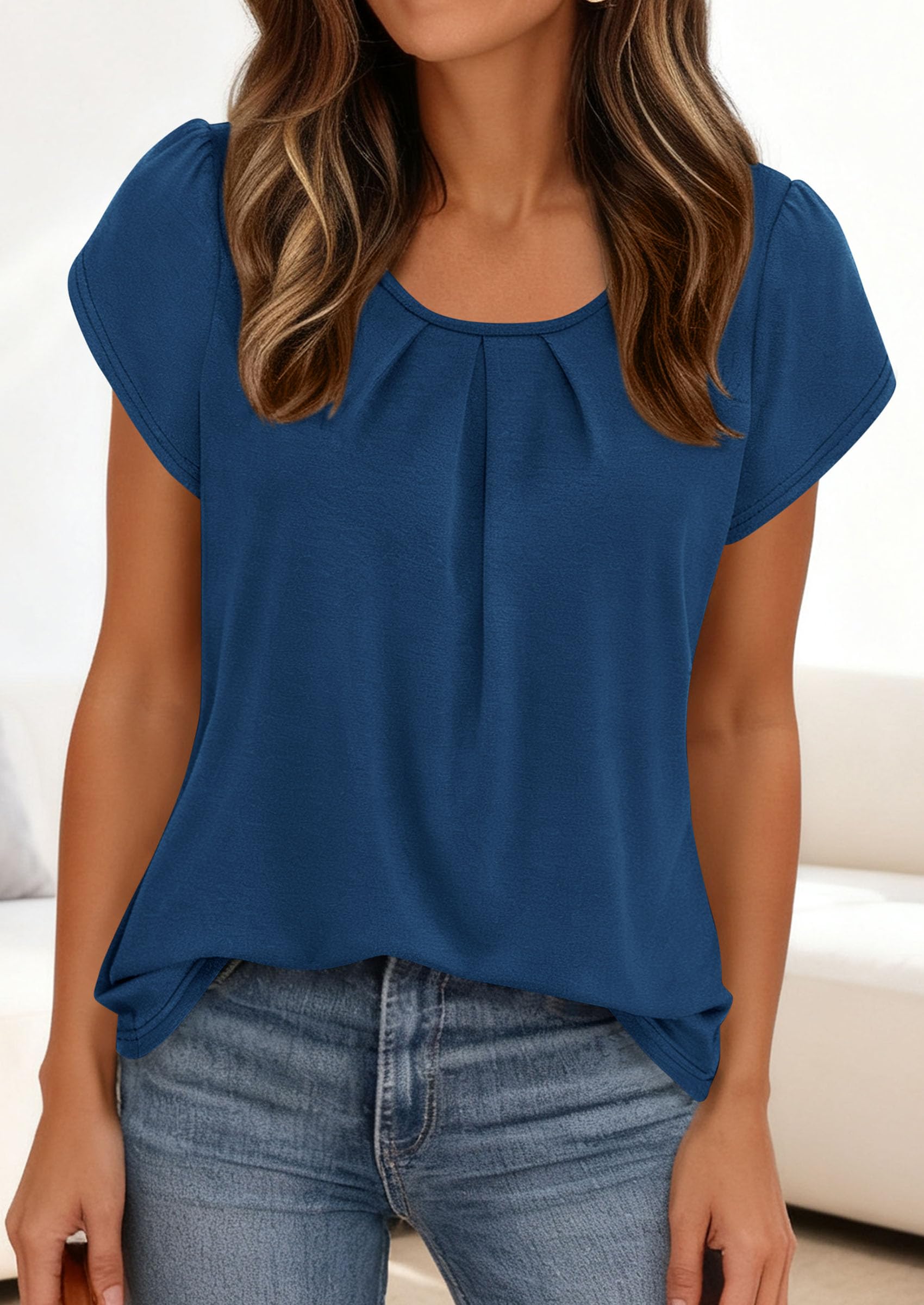 Women's Summer Short Sleeve Tops Casual Blouses,Dark Blue,S