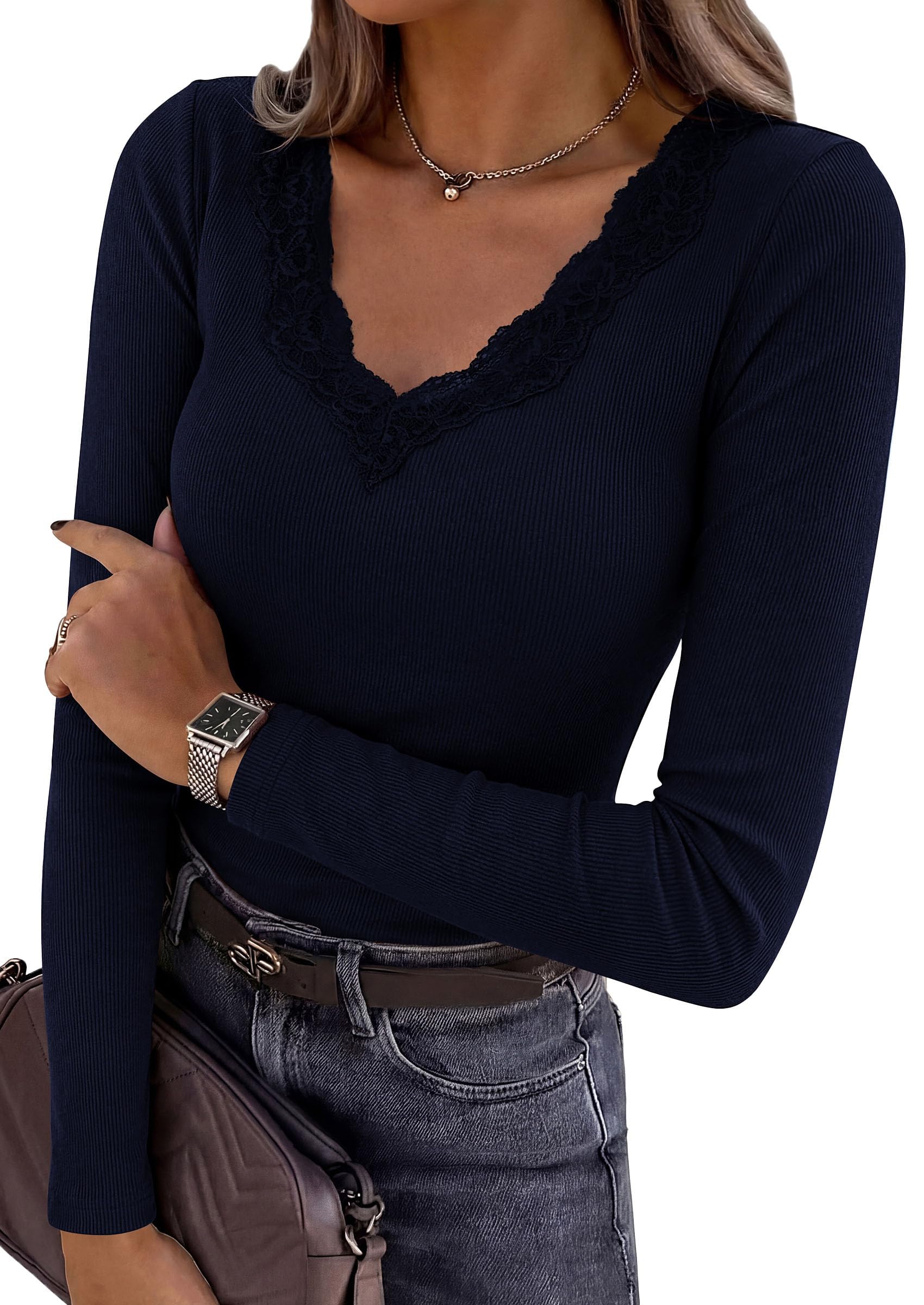 Women's Lace V Neck Long Sleeve Fitted T Shirts,Navy Blue,S