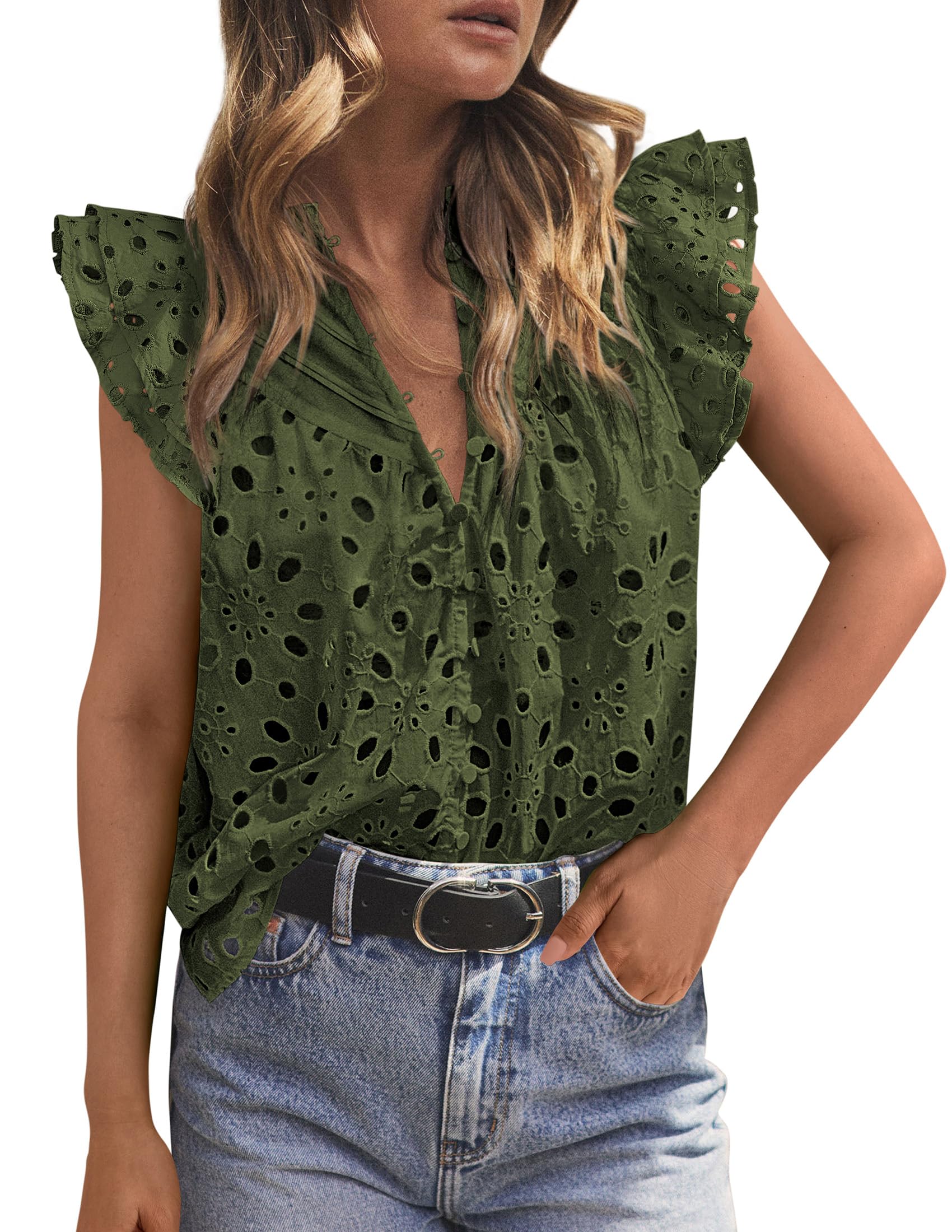 Women's Eyelet V Neck Summer Tops Dressy Casual Army Green,L