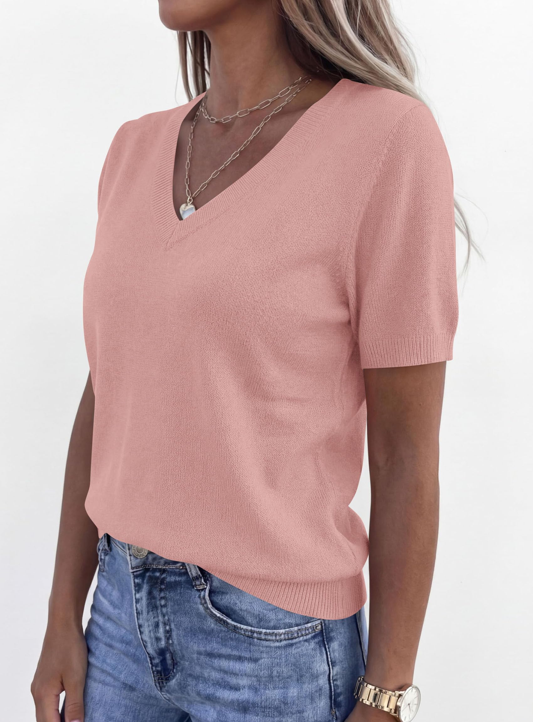 Womens Short Sleeve Sweater V Neck Tops,Dusty Pink,S