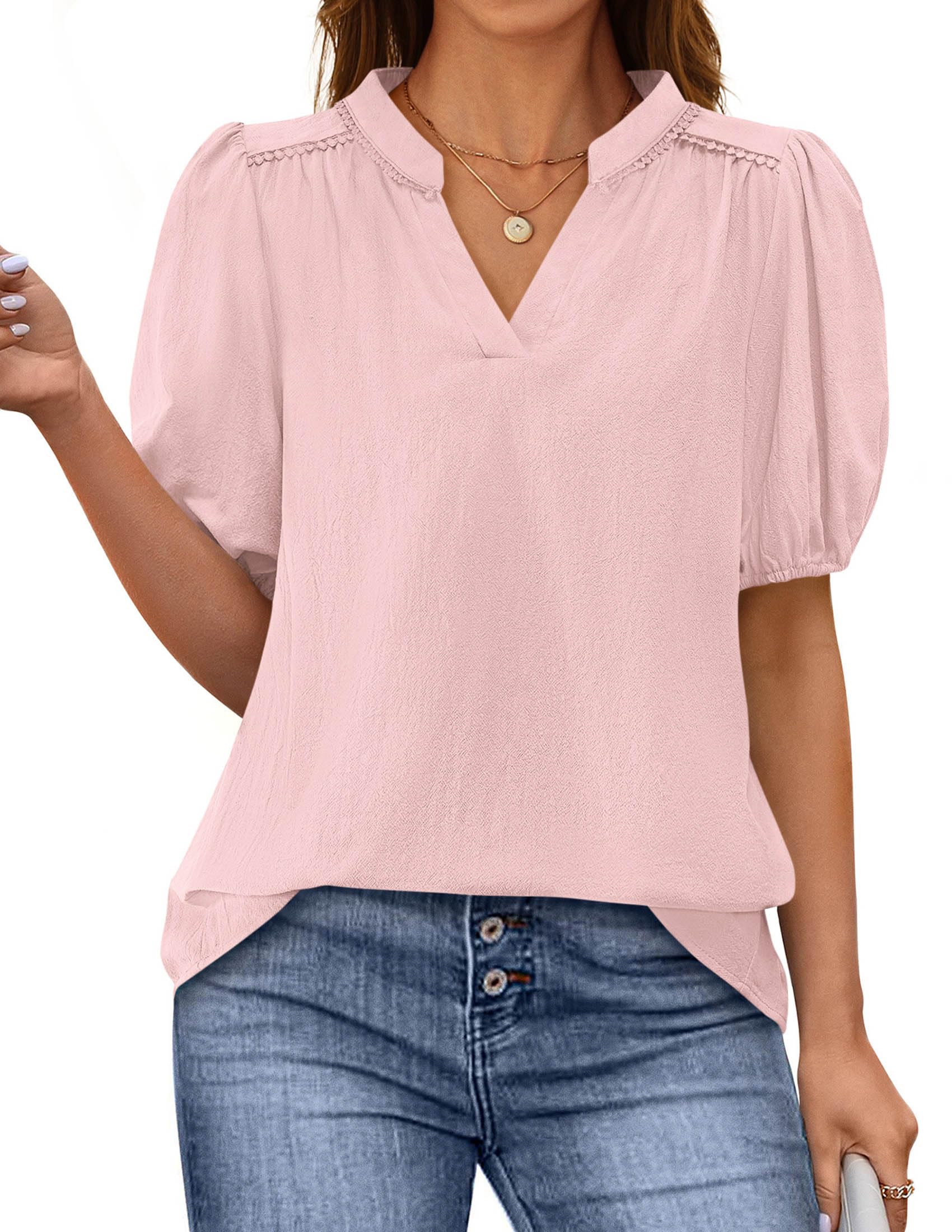 Womens Short Puff Sleeve V Neck Blouses,Pink,S