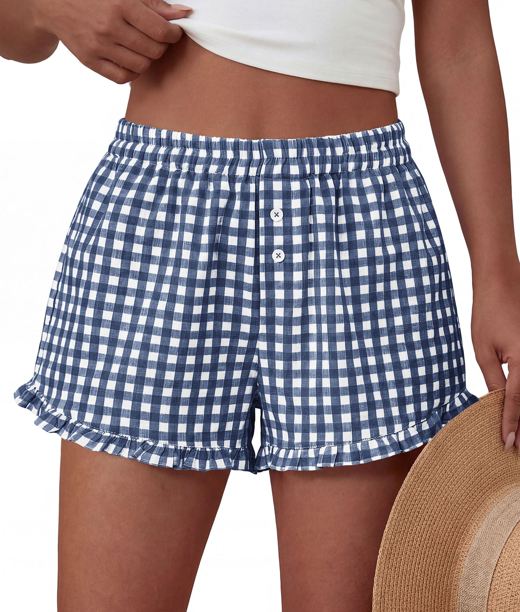 Womens Boxer Shorts Striped Gingham Ruffle Pajama Bottoms