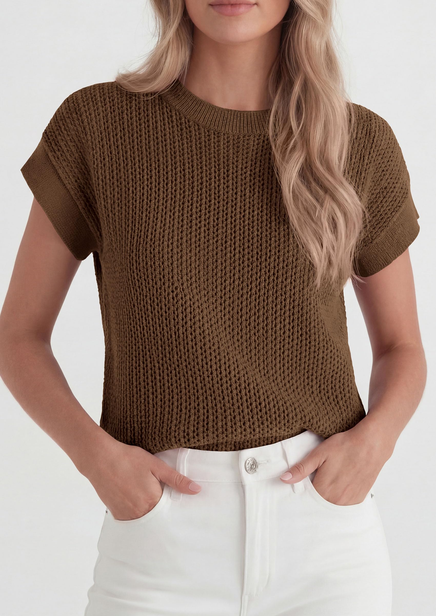 Women's Summer Sweater Vest Crochet Tops (Coffee,S)