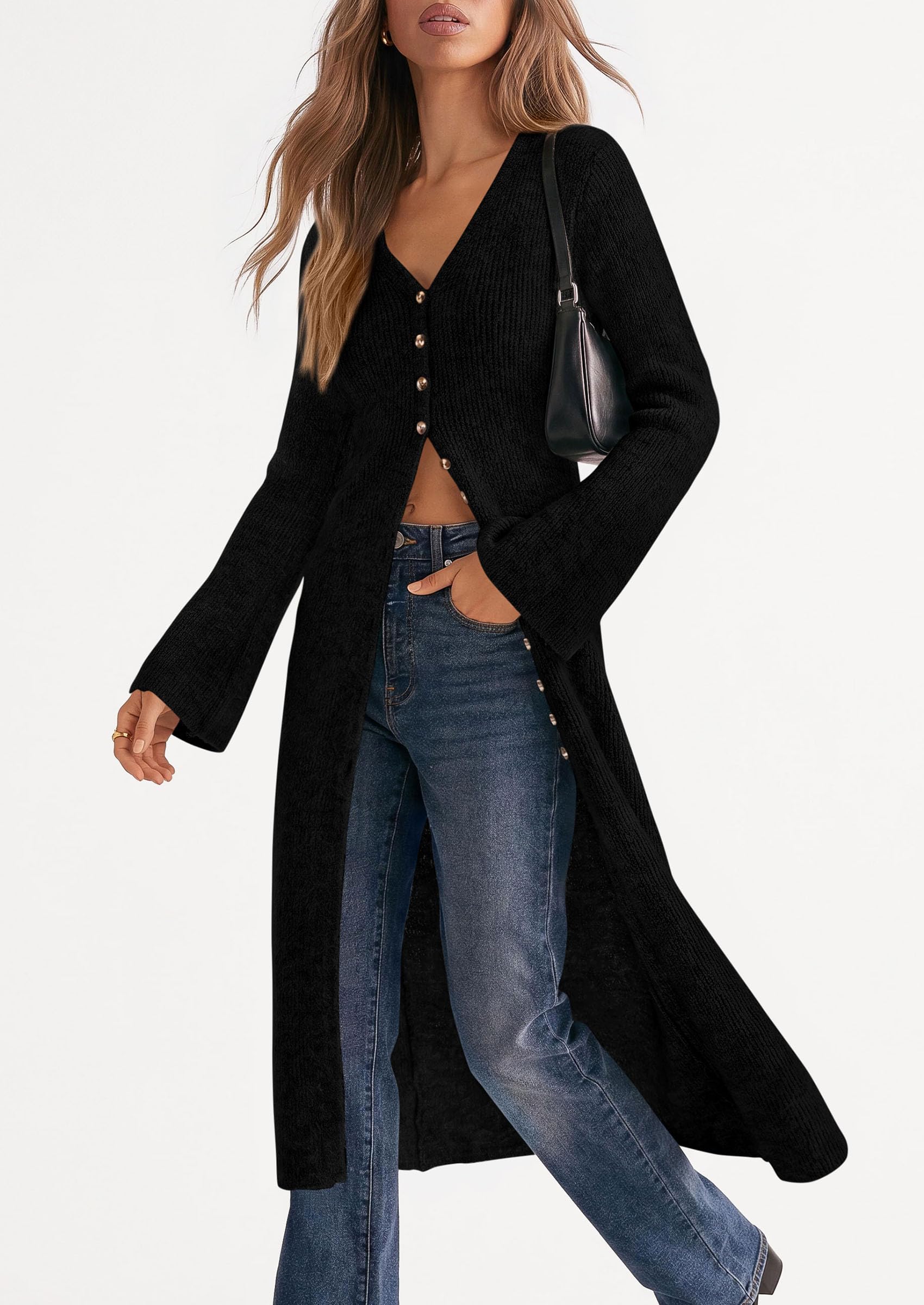 Women Long Cardigan Bell Sleeve Sweater Dress (Black,S)