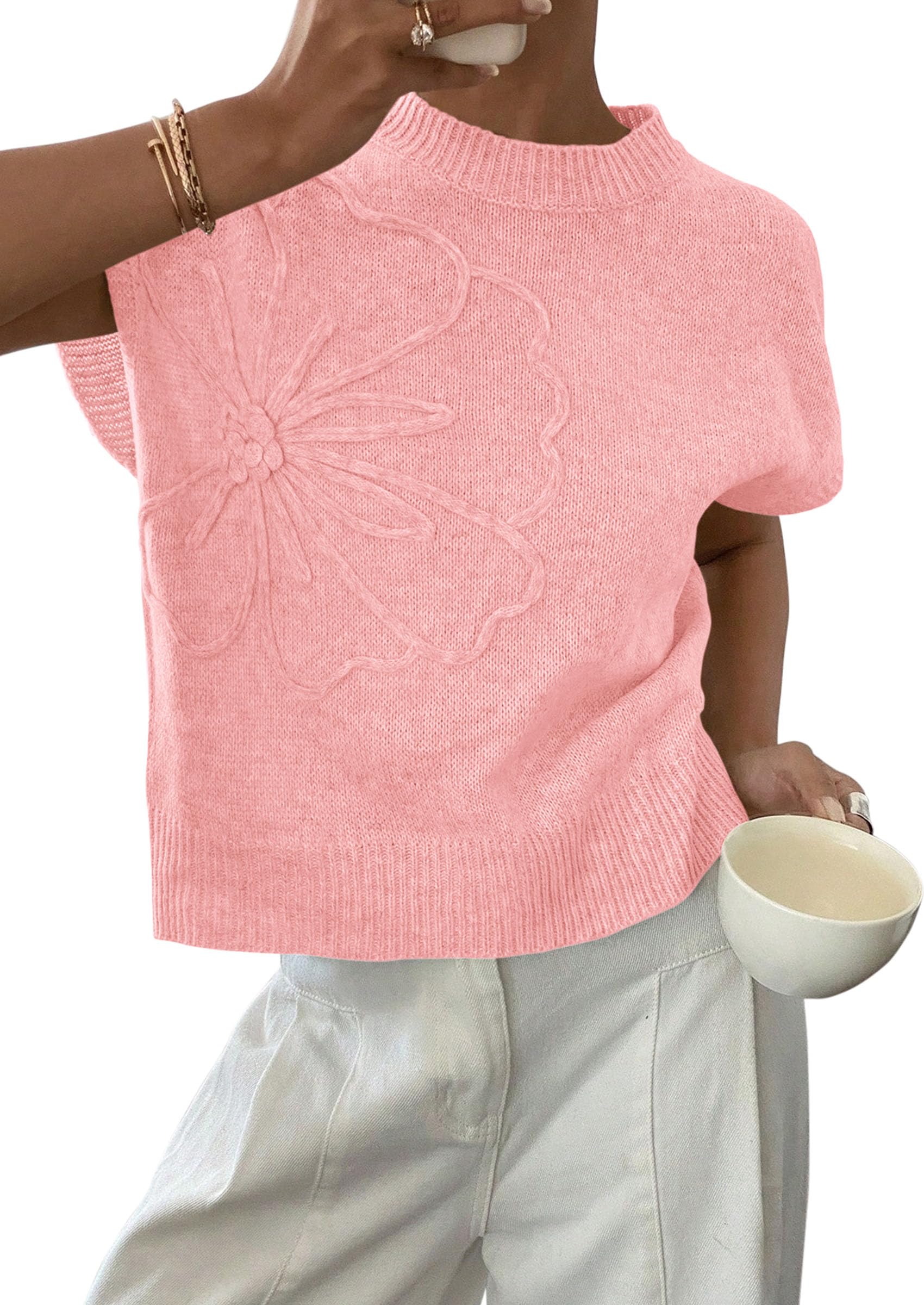 Women's Summer Short Cap Sleeve Sweater Vest (Pink,S)