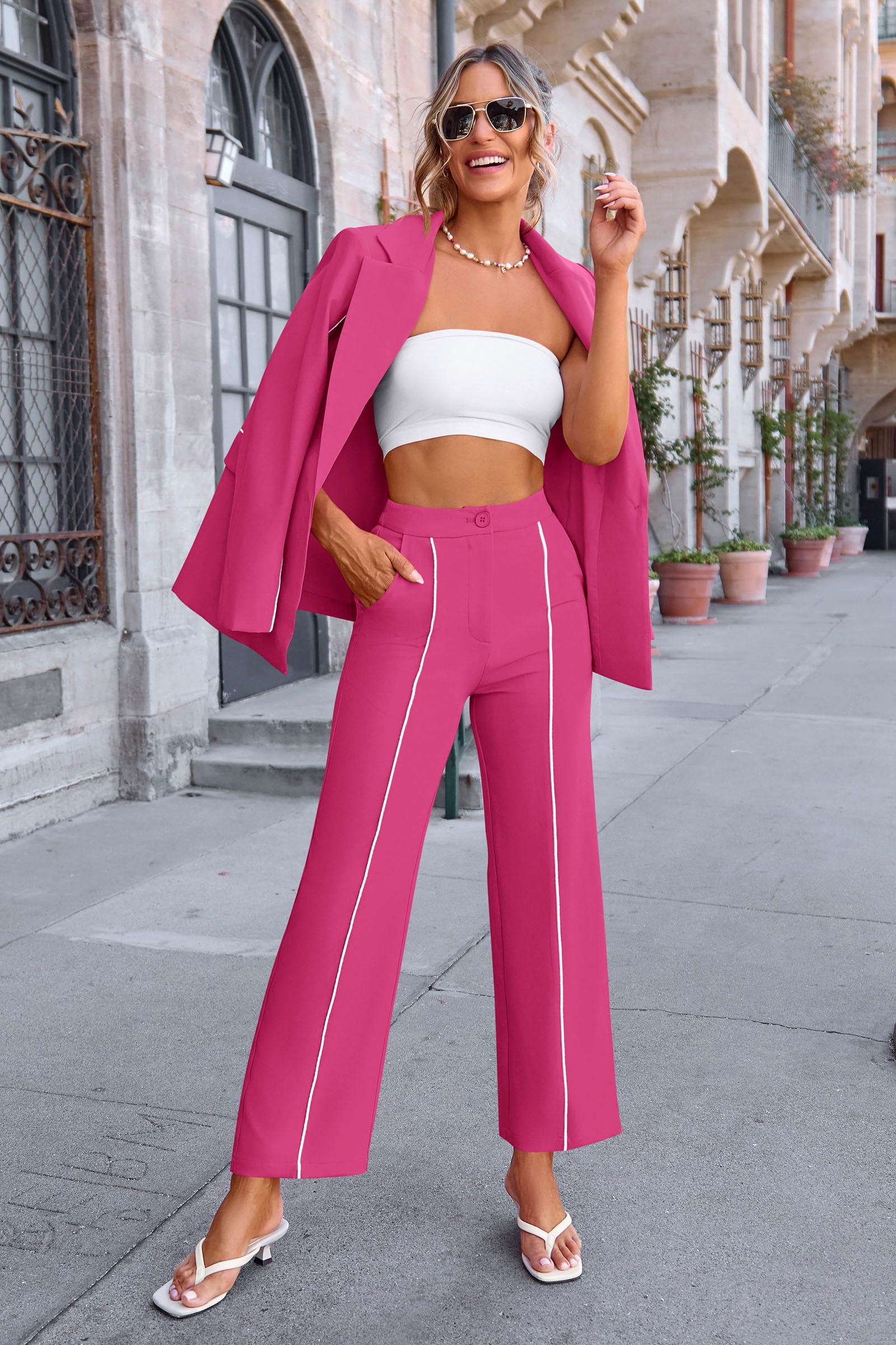 Women's 2 Piece Blazer Business Casual Outfits(Rose Red,S)