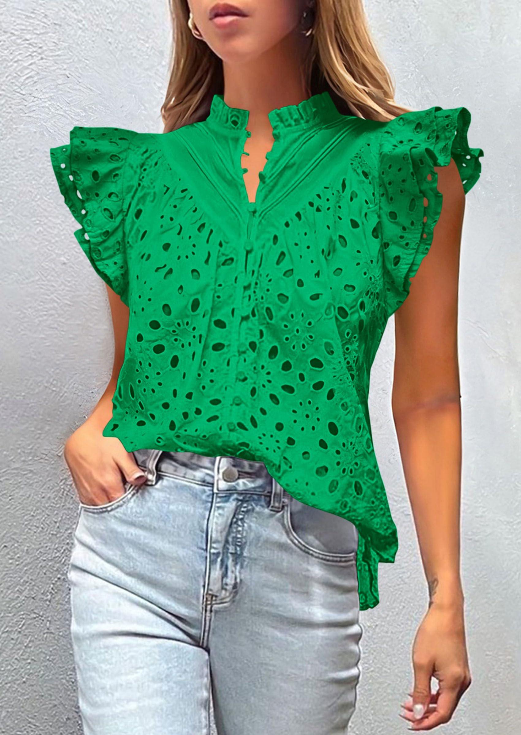 Women's Eyelet V Neck Summer Tops Dressy Casual Green,S