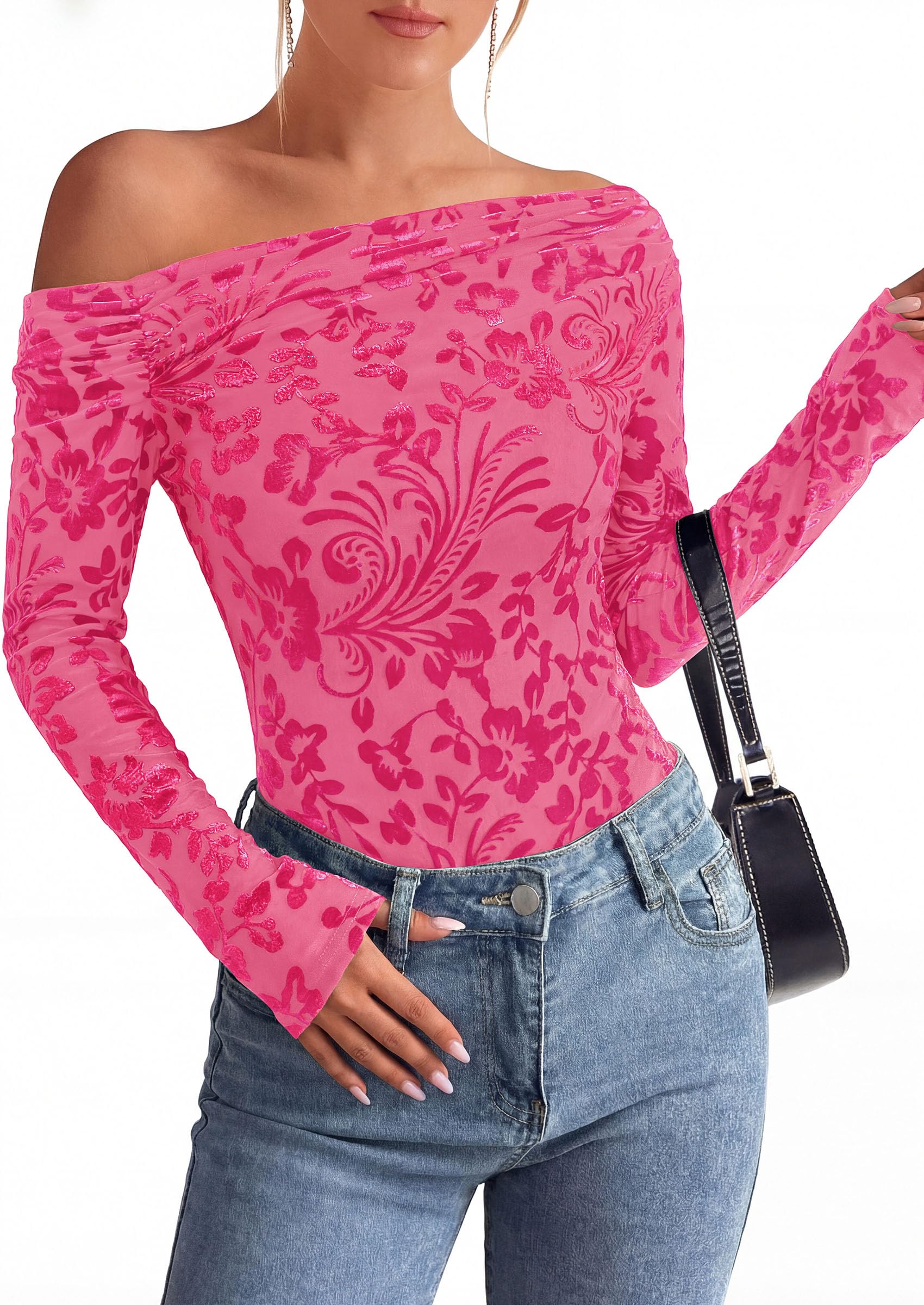 Off the Shoulder Tops for Women Fall Mesh Floral Blouses