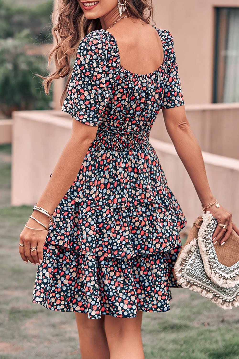 Women's 2025 Floral Summer Short Dress Square Neck Short Sleeve Tiered Ruffle Boho Swing Dresses (Floral Black Red,Small)