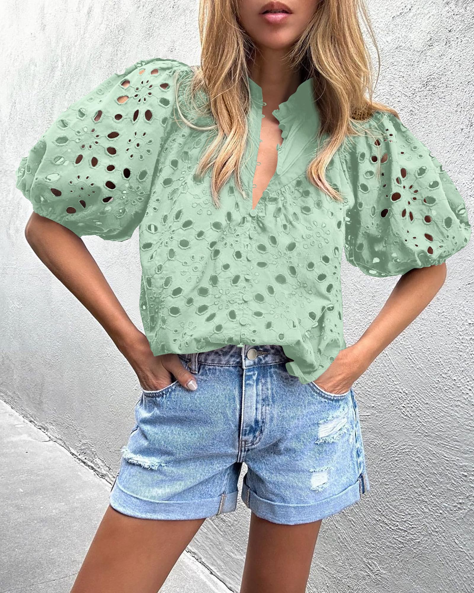 Womens Tops Boho Eyelet Puff Sleeve Blouse, Light Green,S