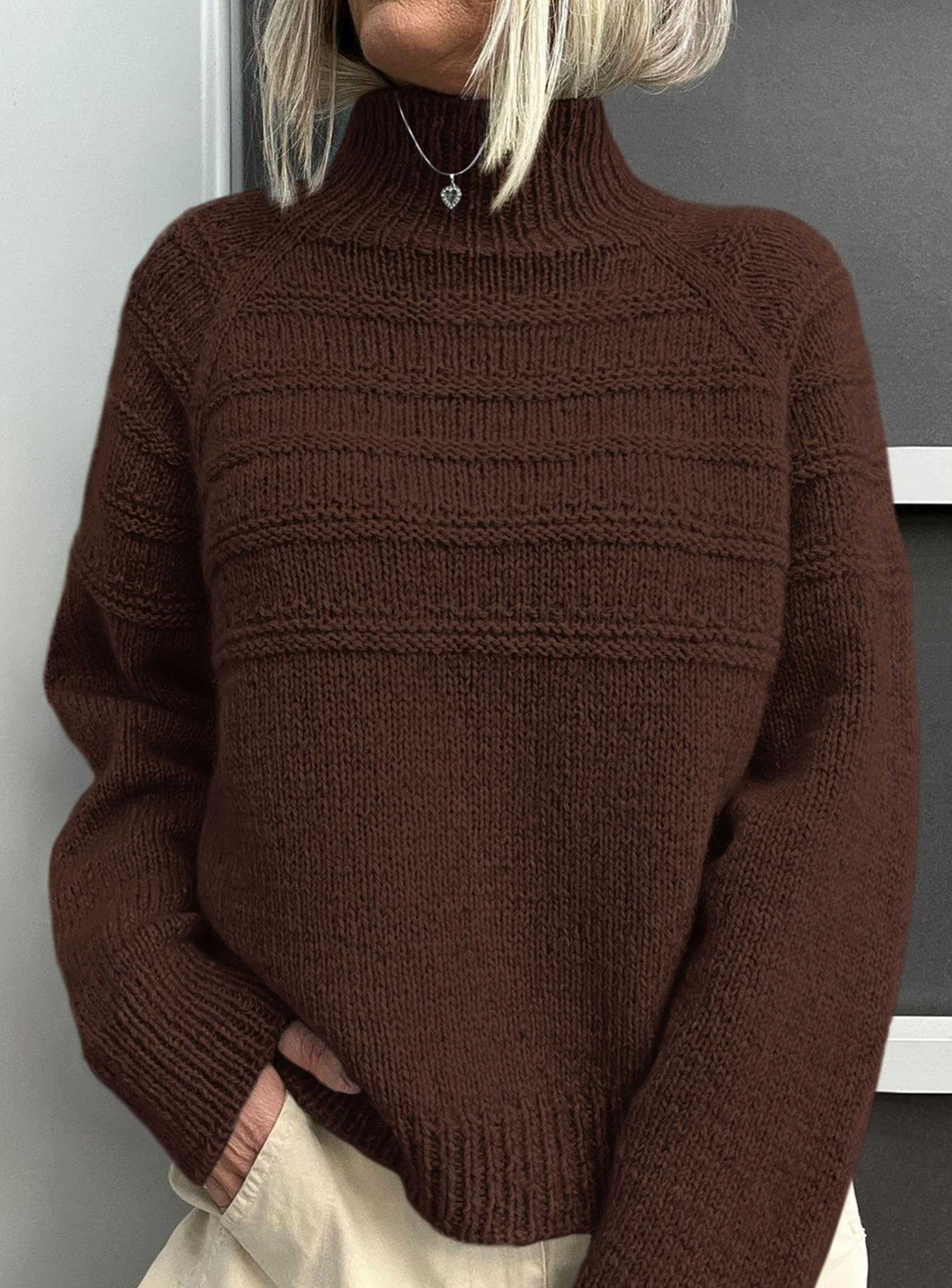 Women's Chunky Knit Mock Neck Pullover Sweaters,Brown,S