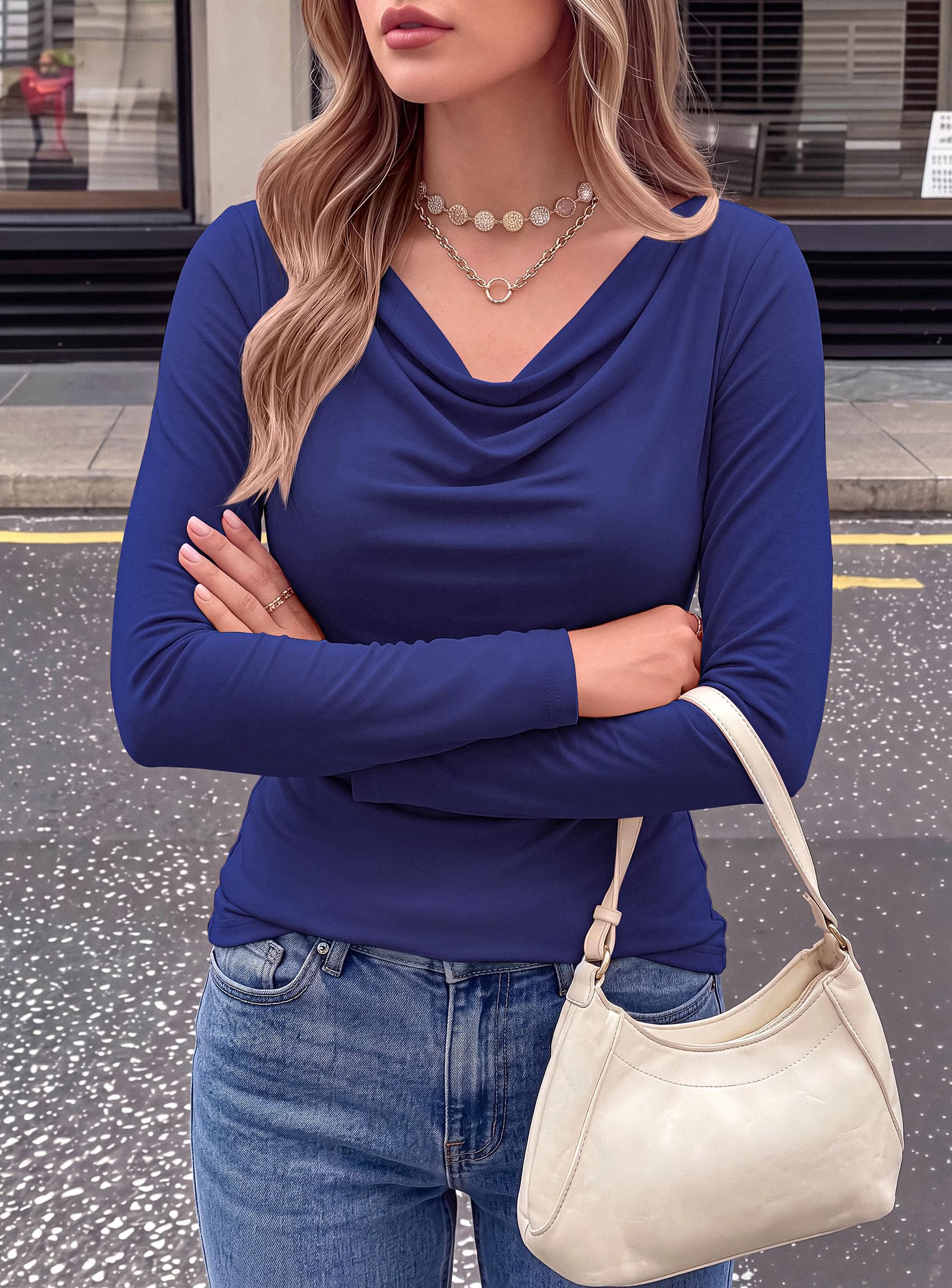 Cowl Neck Tops for Women Fashion Long Sleeve Shirt Royal Blue