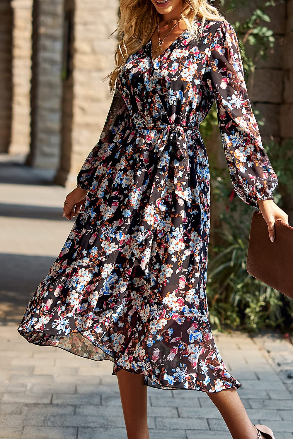 Women's Floral Boho Long Sleeve Maxi Dress, Floral Black,S