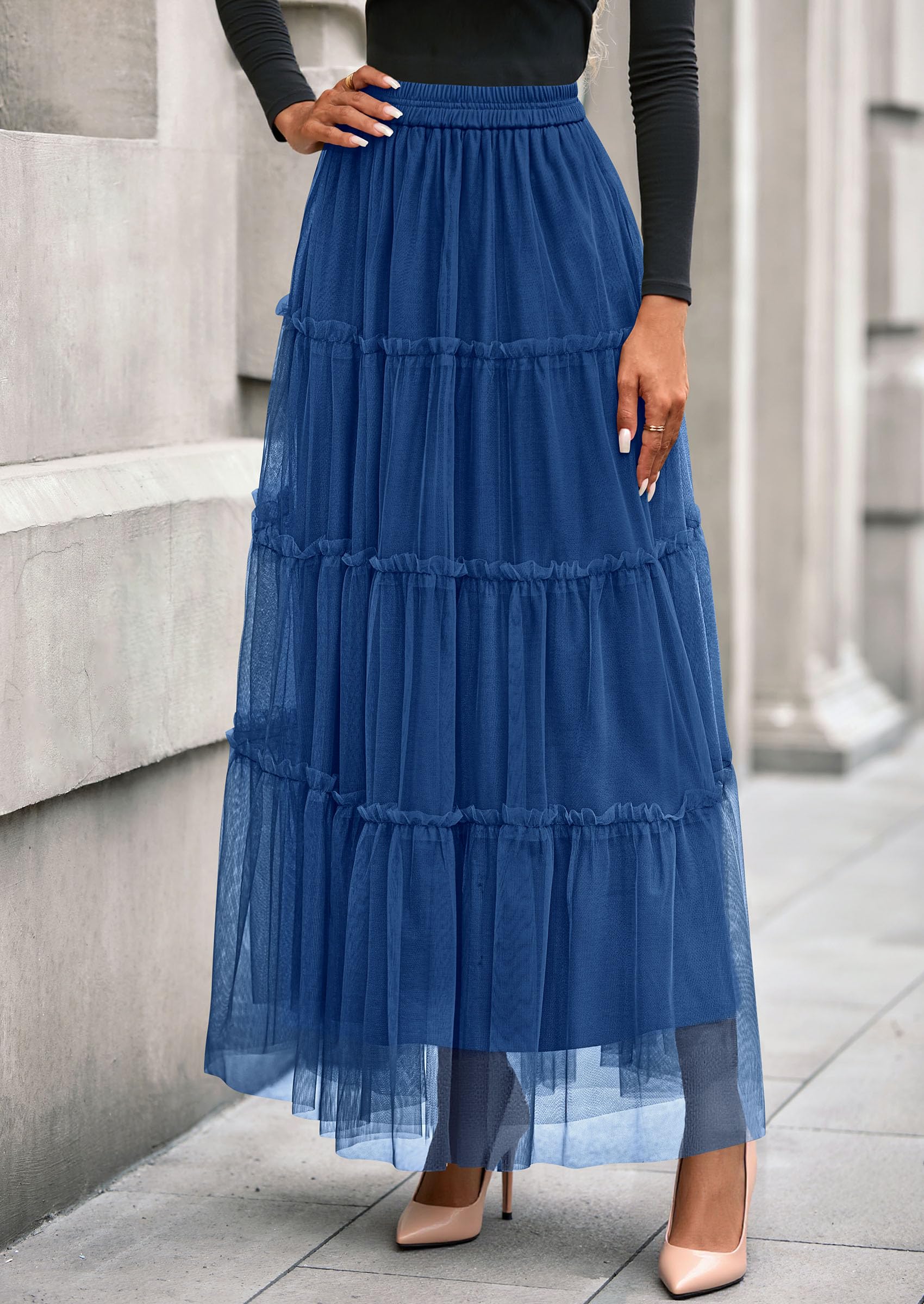 Women's Fall Soft Tulle Tiered Long Skirt,Blue,S