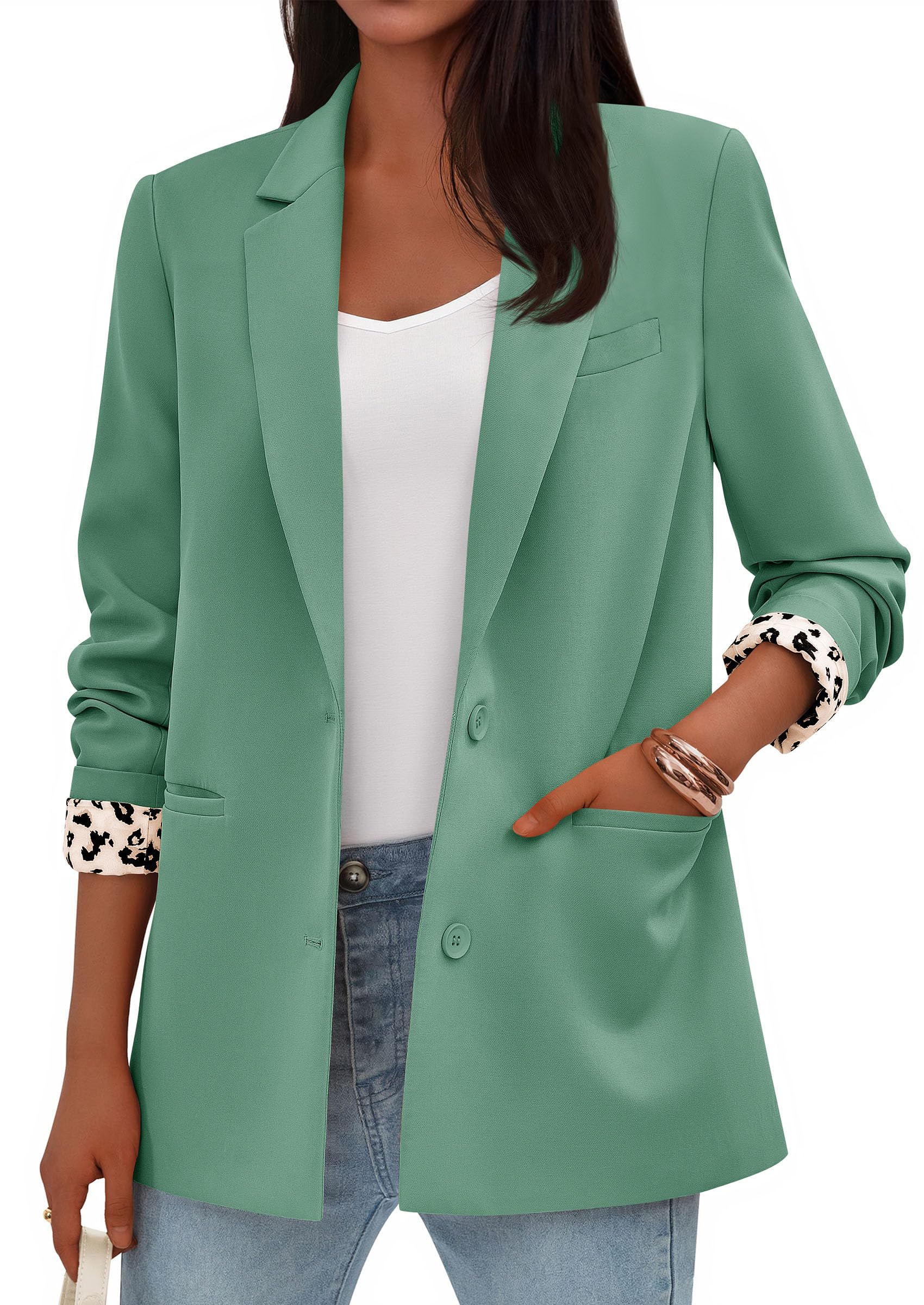 Womens Open Front Leopard Blazers Suit Jackets,Light Green,S