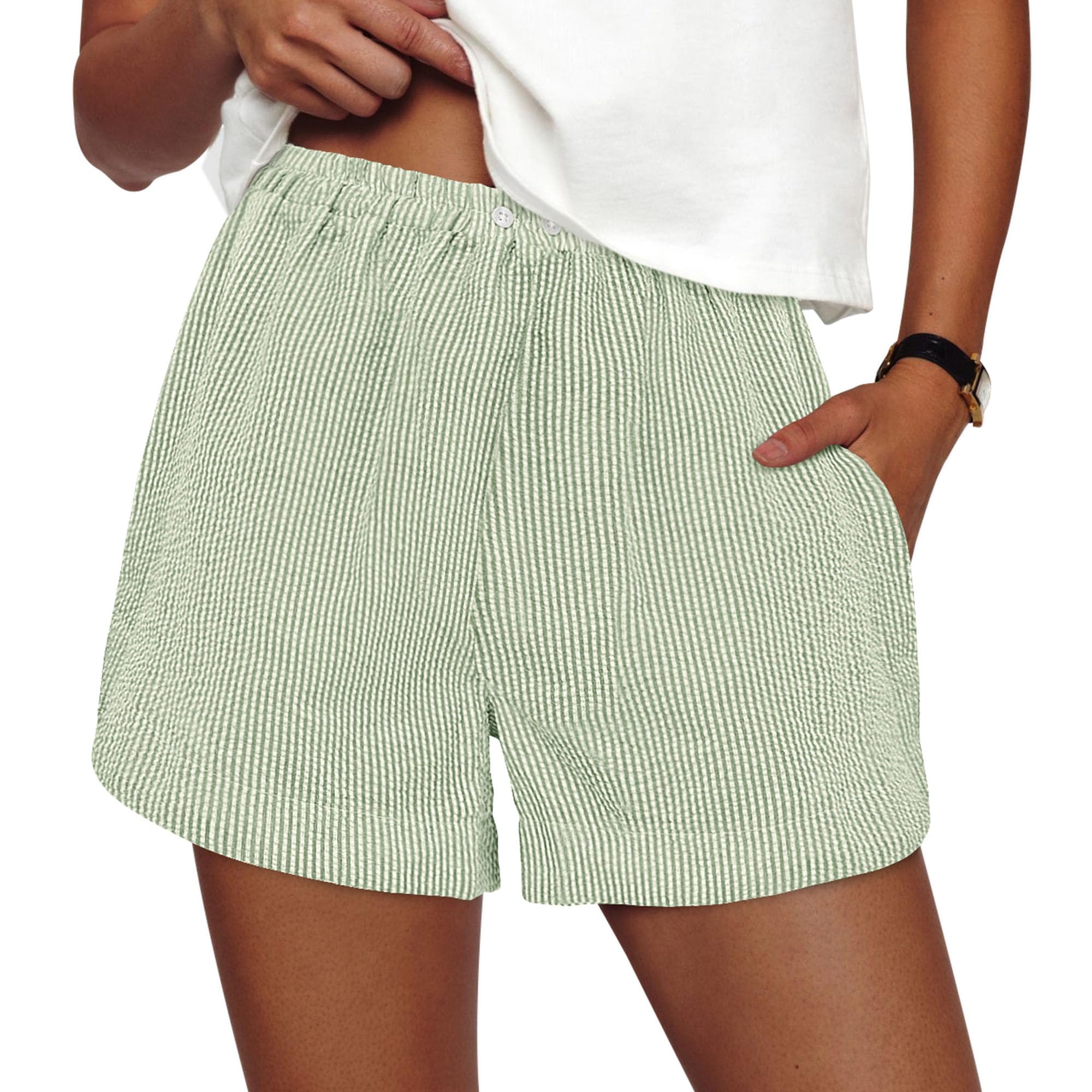 Women Summer Striped Boxer Shorts, Striped Light Green White,S