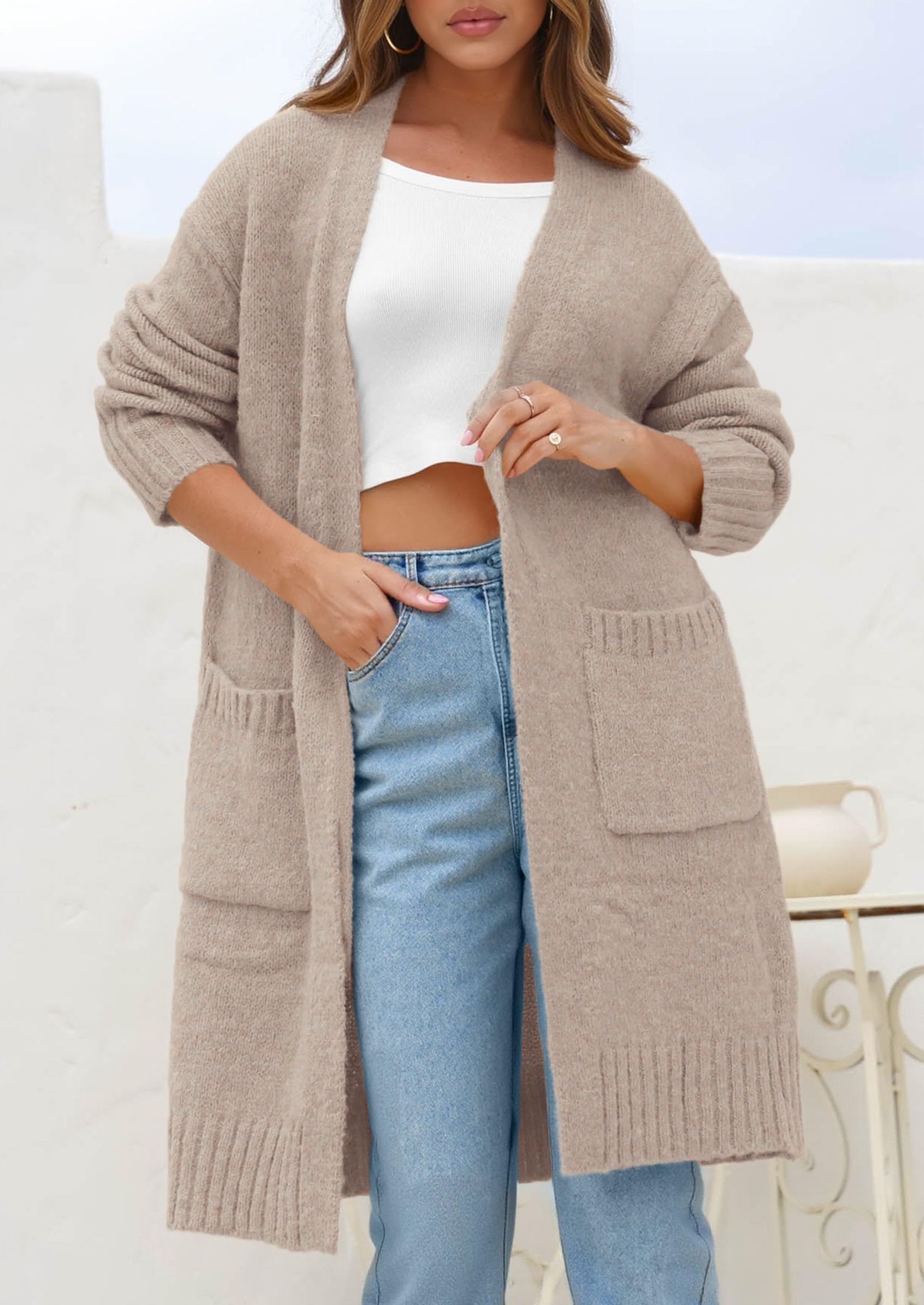 Open Front Cardigan Sweaters for Women,Beige Grey,S
