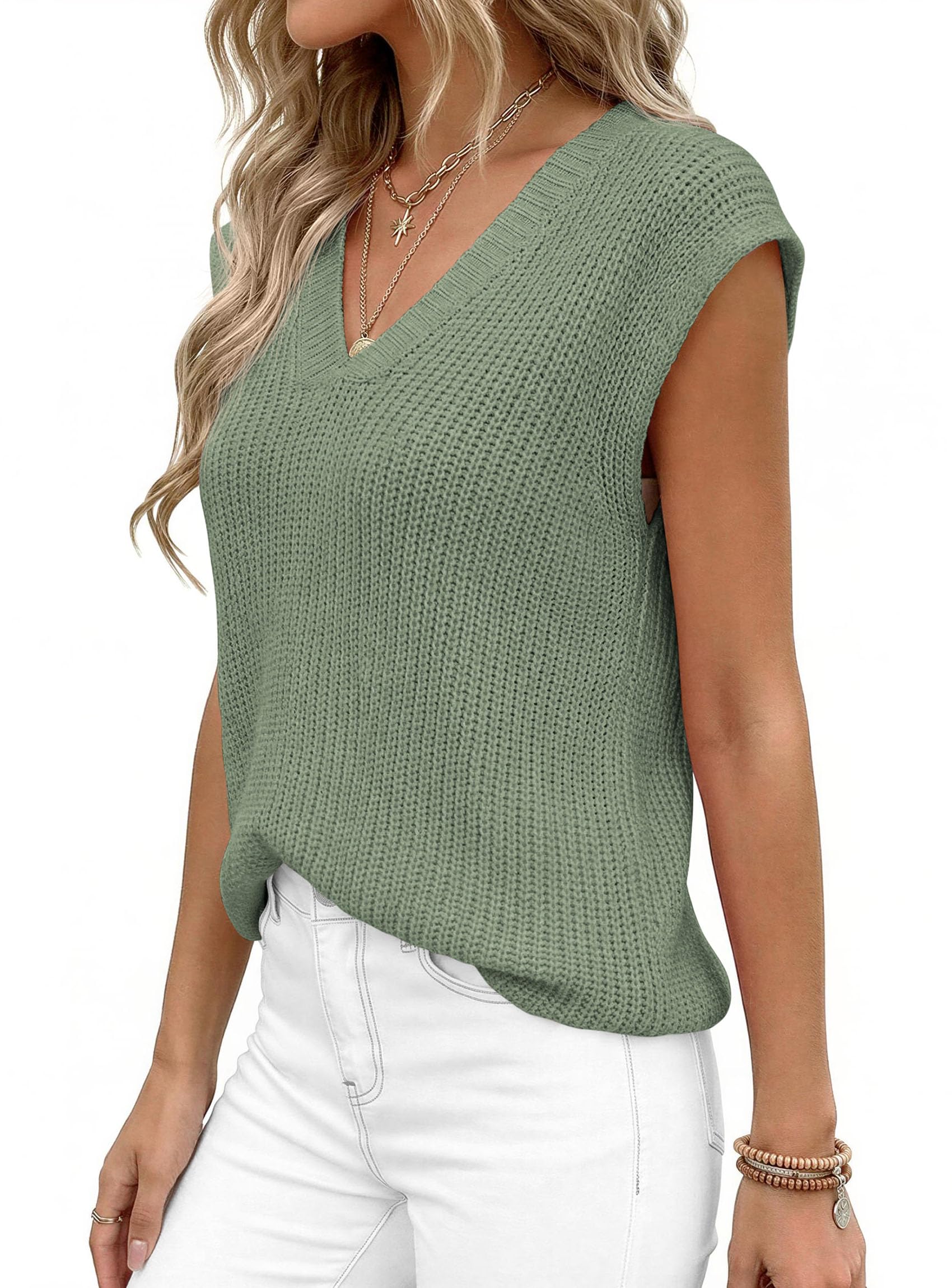 Women's Cap Sleeve Sweaters Vest Summer Tops (Green,S)