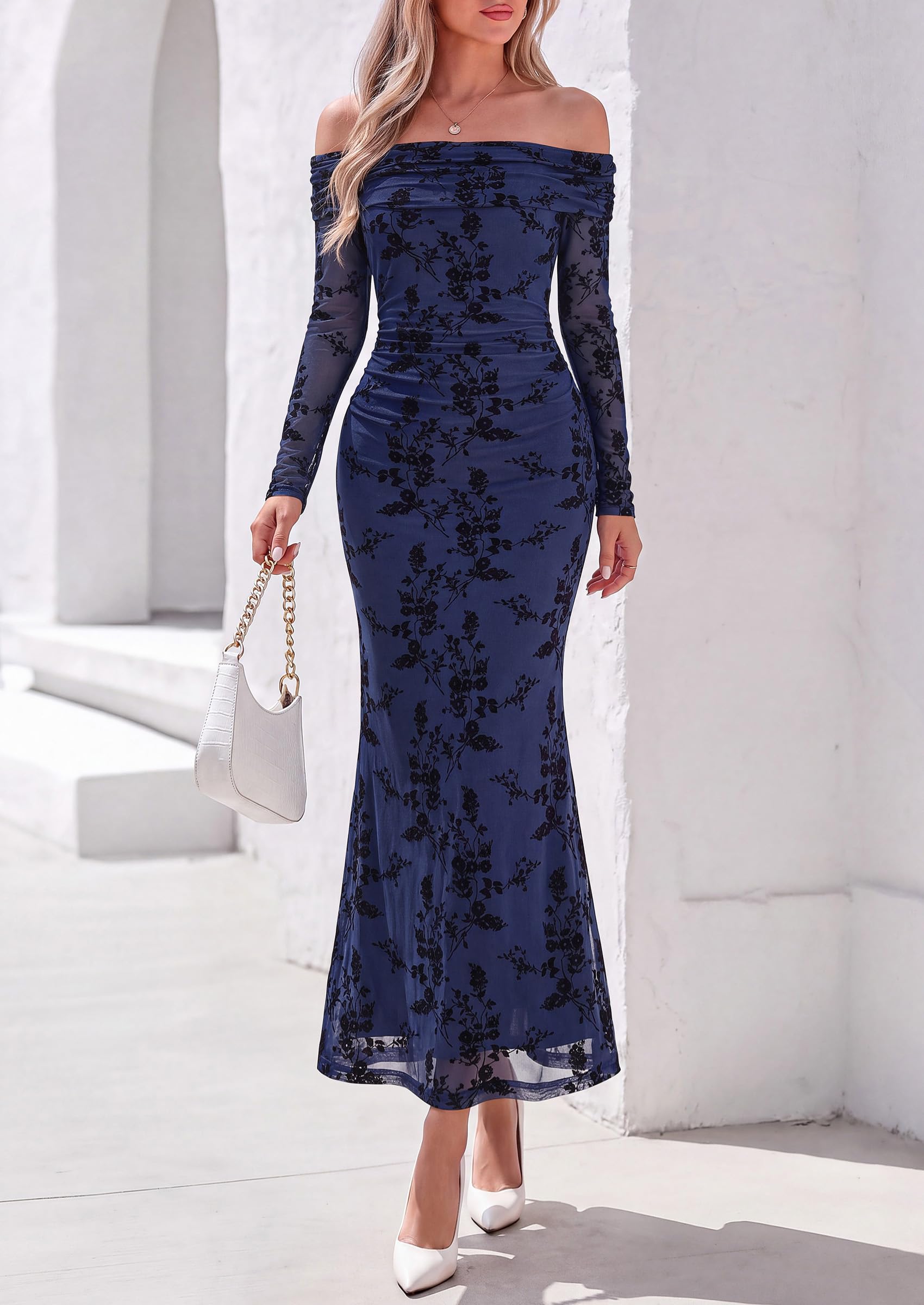 Womens Fall Off Shoulder Floral Maxi Wedding Guest Dress