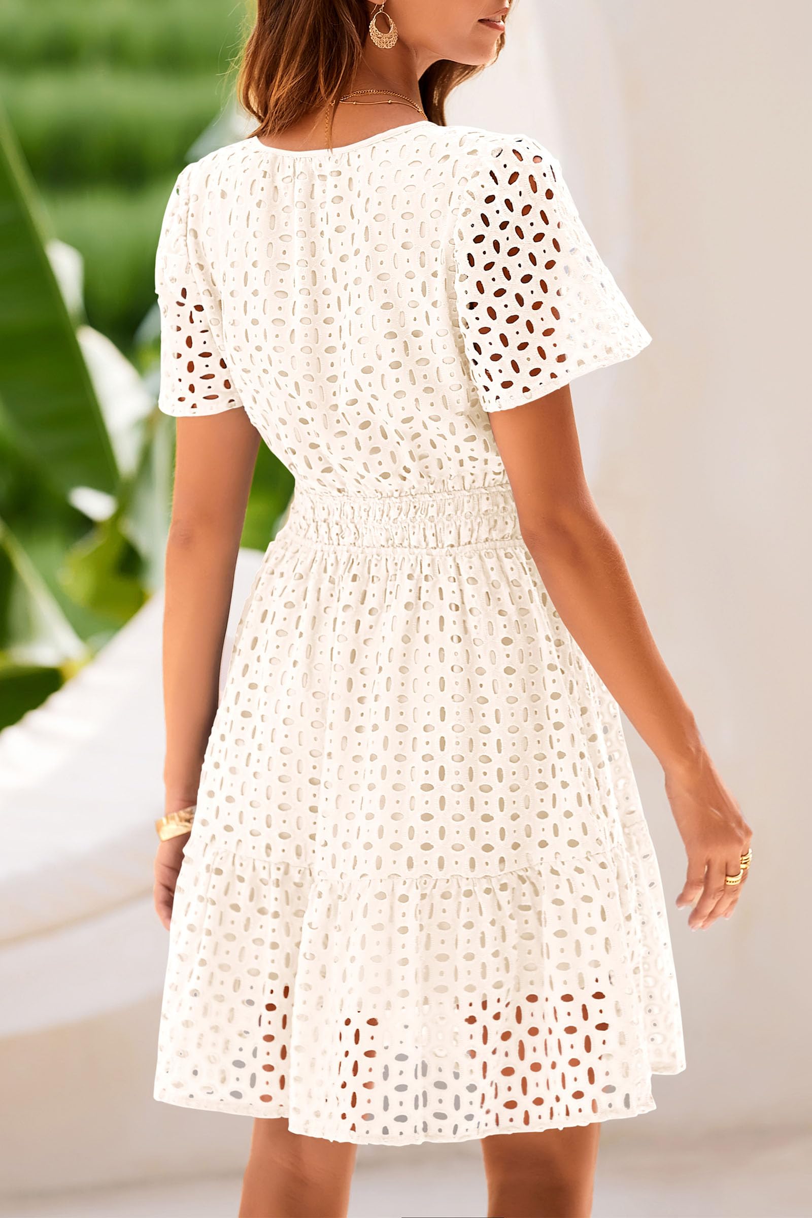 Women's Summer Eyelet Lace Short Dresses (Beige White,S)