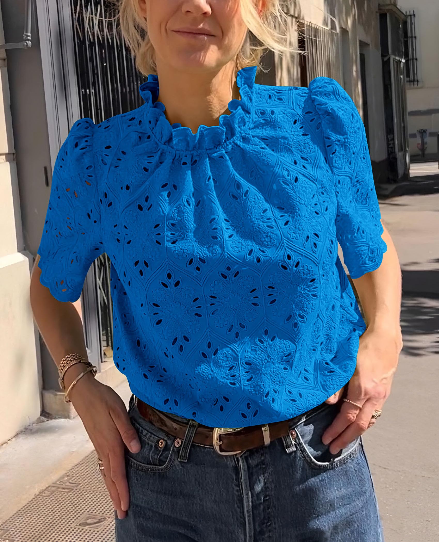 Women Summer Tops Eyelet Embroidered Shirts,Brilliant Blue,XS