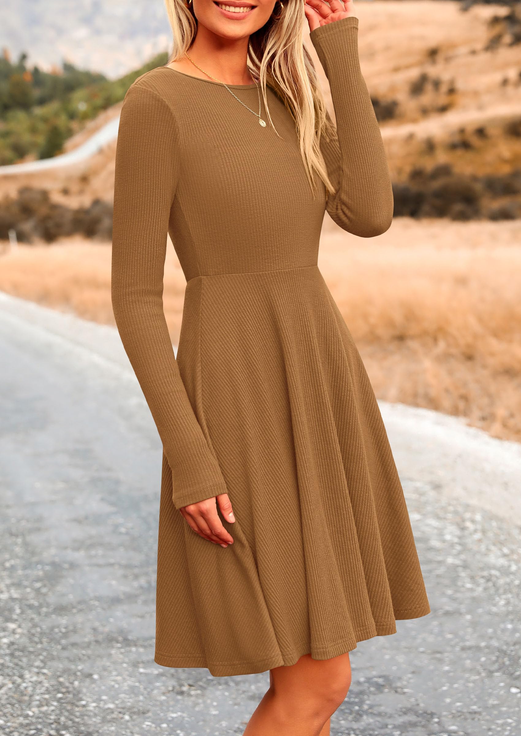 Women's Fall Casual Long Sleeve Short Dress (Dark Khaki,S)