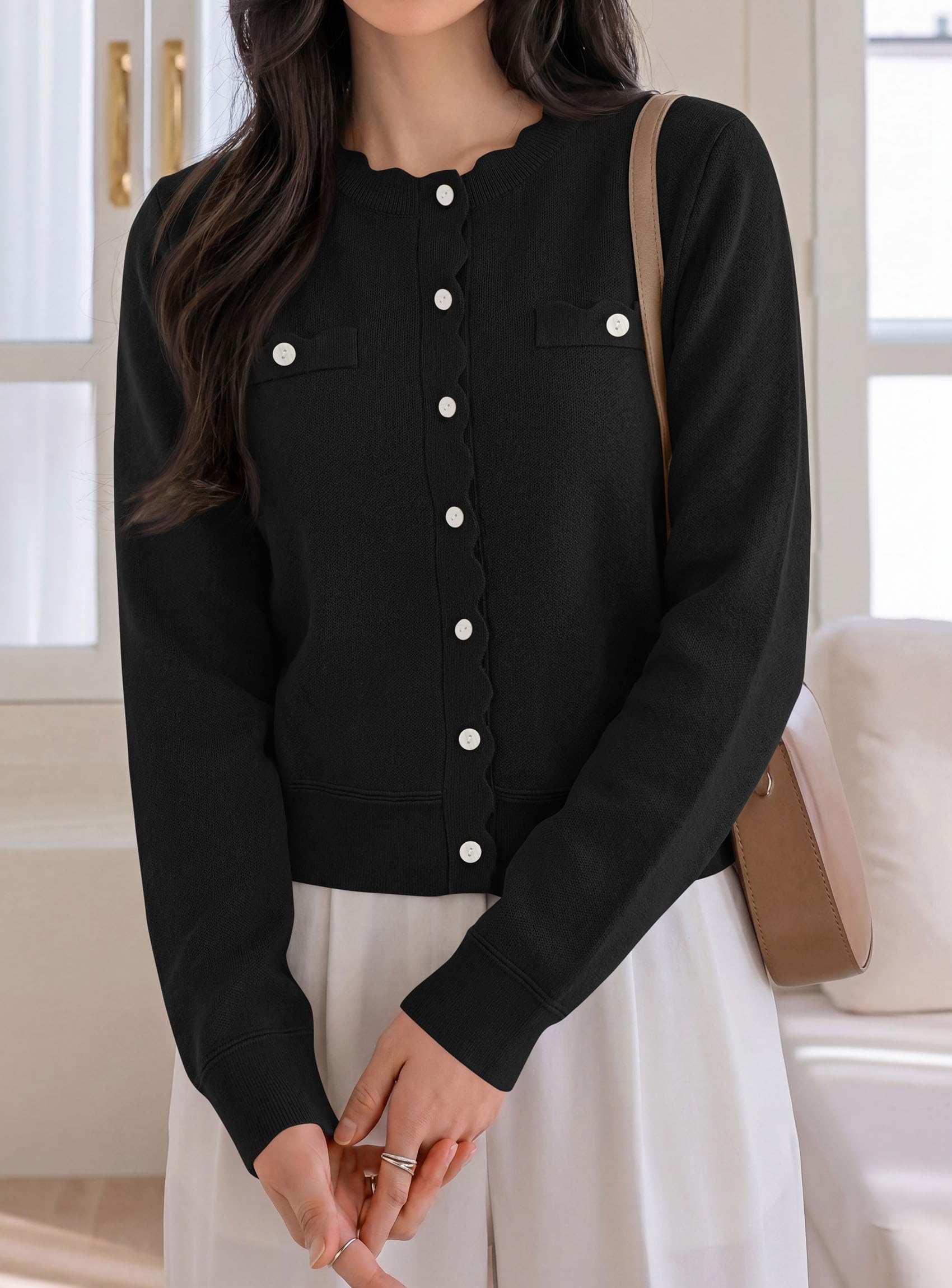 Womens Lightweight Cardigan Sweaters Scalloped Trim Fall Tops