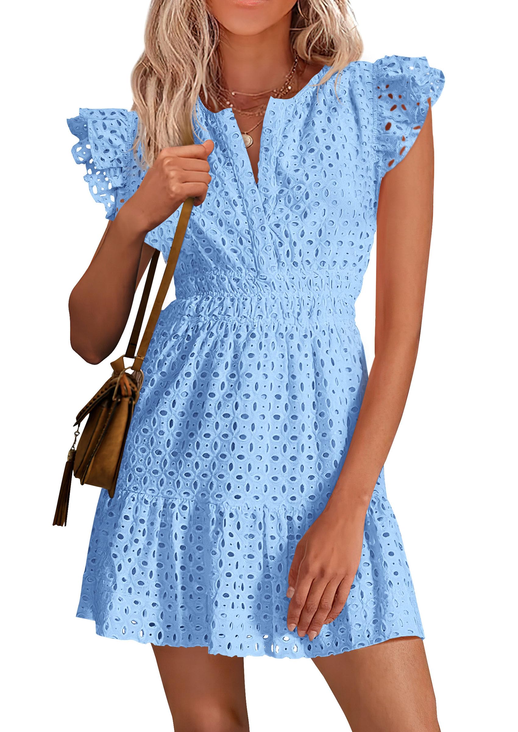 Women's Summer V Neck Eyelet Short Dress (Light Blue,Small)