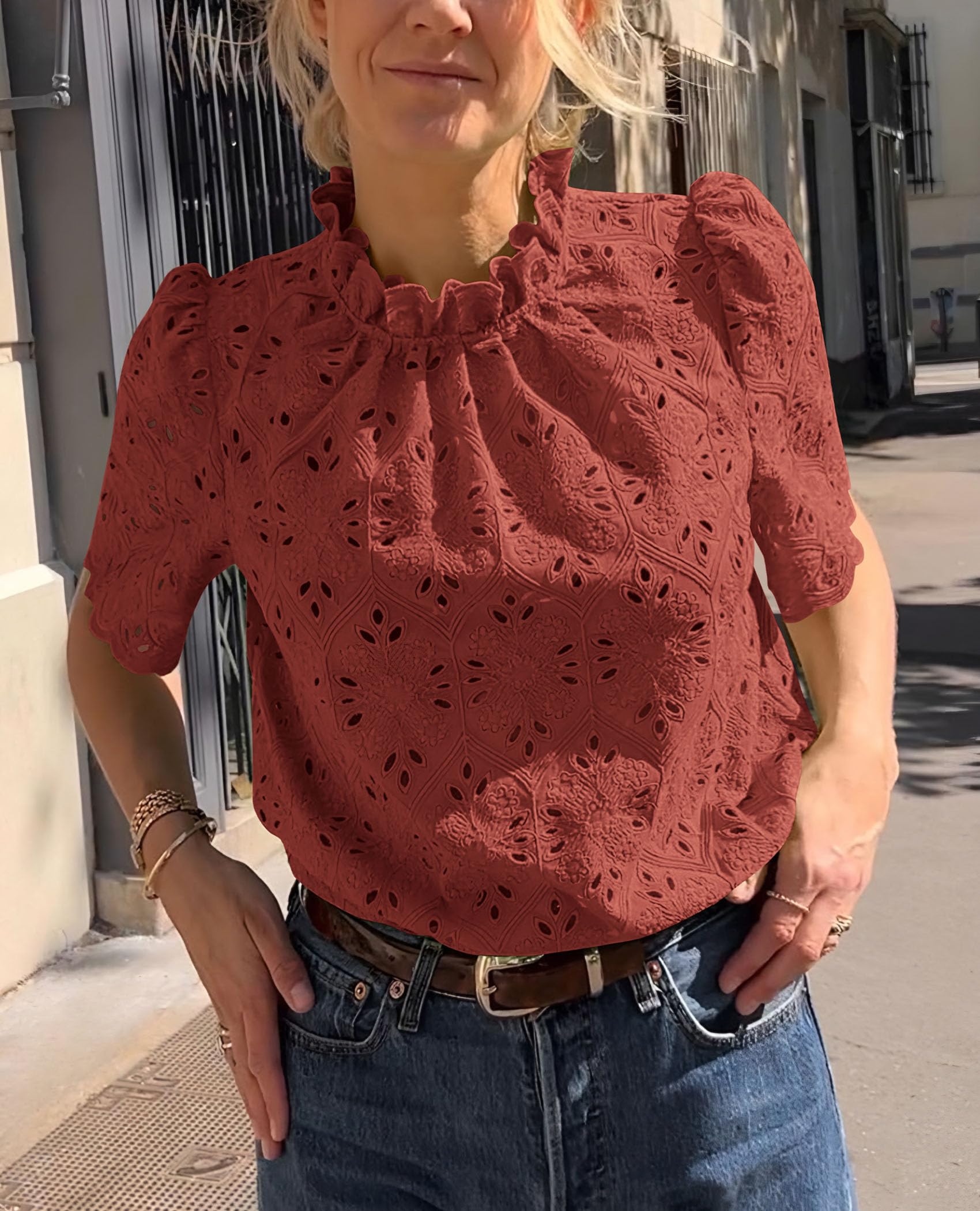 Women Summer Tops Eyelet Embroidered Shirts,Brown Red,XS