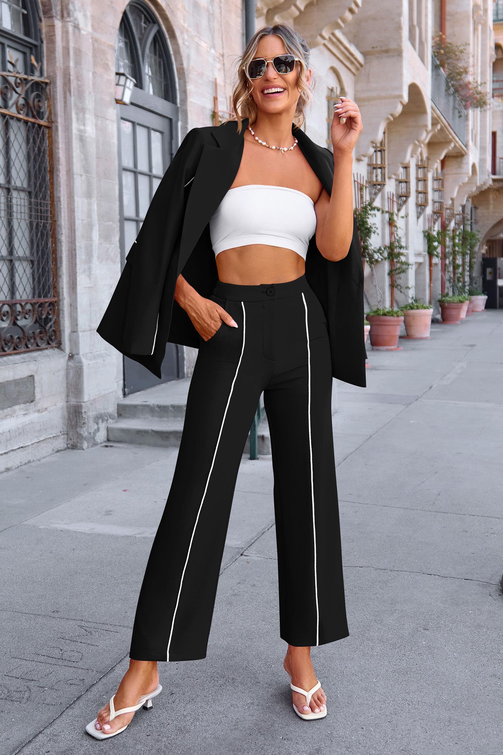 Women's 2 Piece Blazer Business Casual Outfits(Black,S)