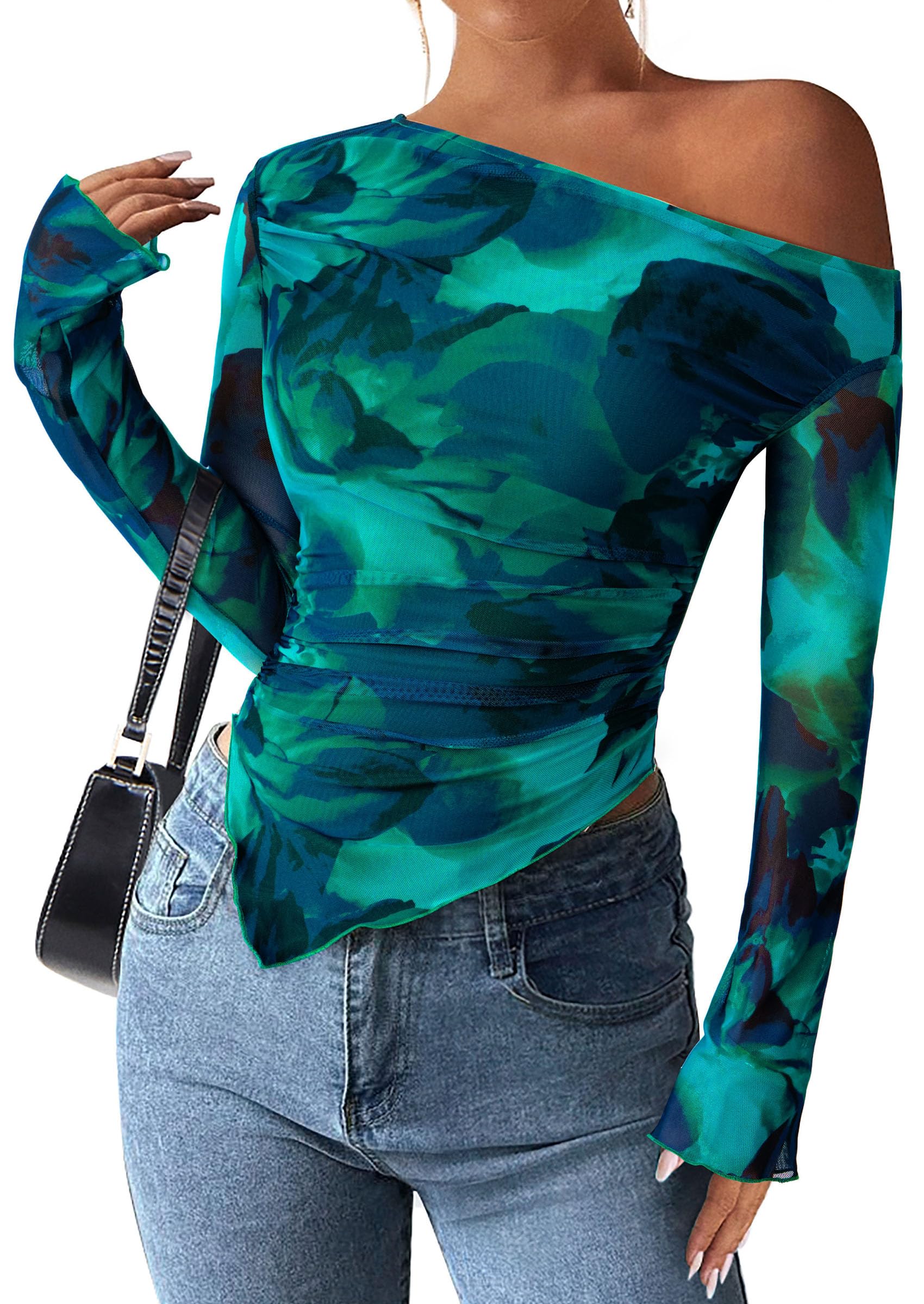 Womens Off Shoulder Mesh Y2k Tops,Floral Lake Blue,XS
