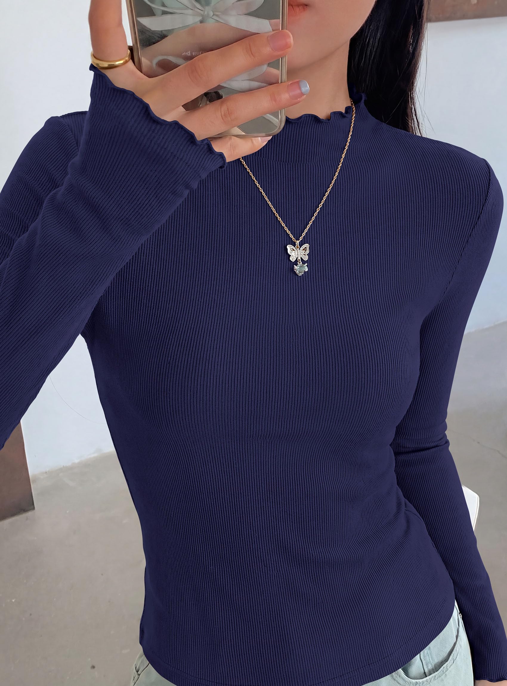 Women's Long Sleeve T Shirts Lettuce Trim Mock Neck Tops