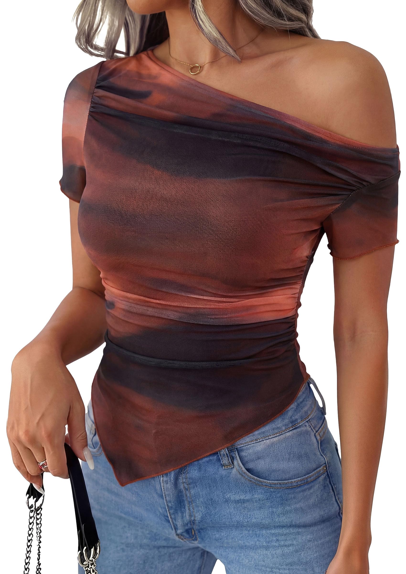 Mesh Off The Shoulder Tops for Women,Floral Red Brown,M
