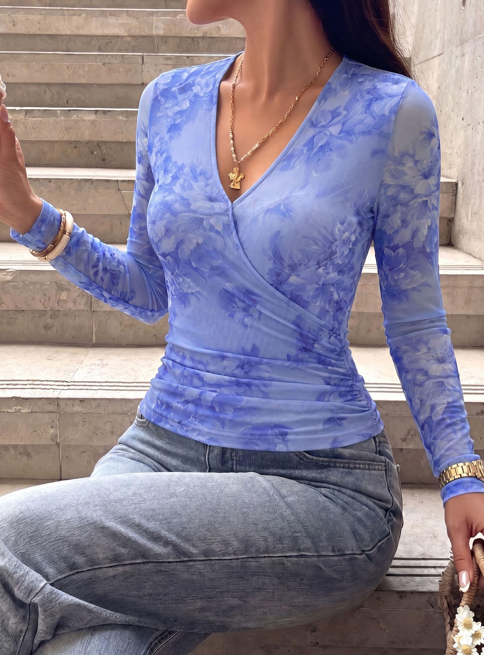 Womens Mesh Wrap Dressy Top Floral V Neck Long Sleeve Shirts