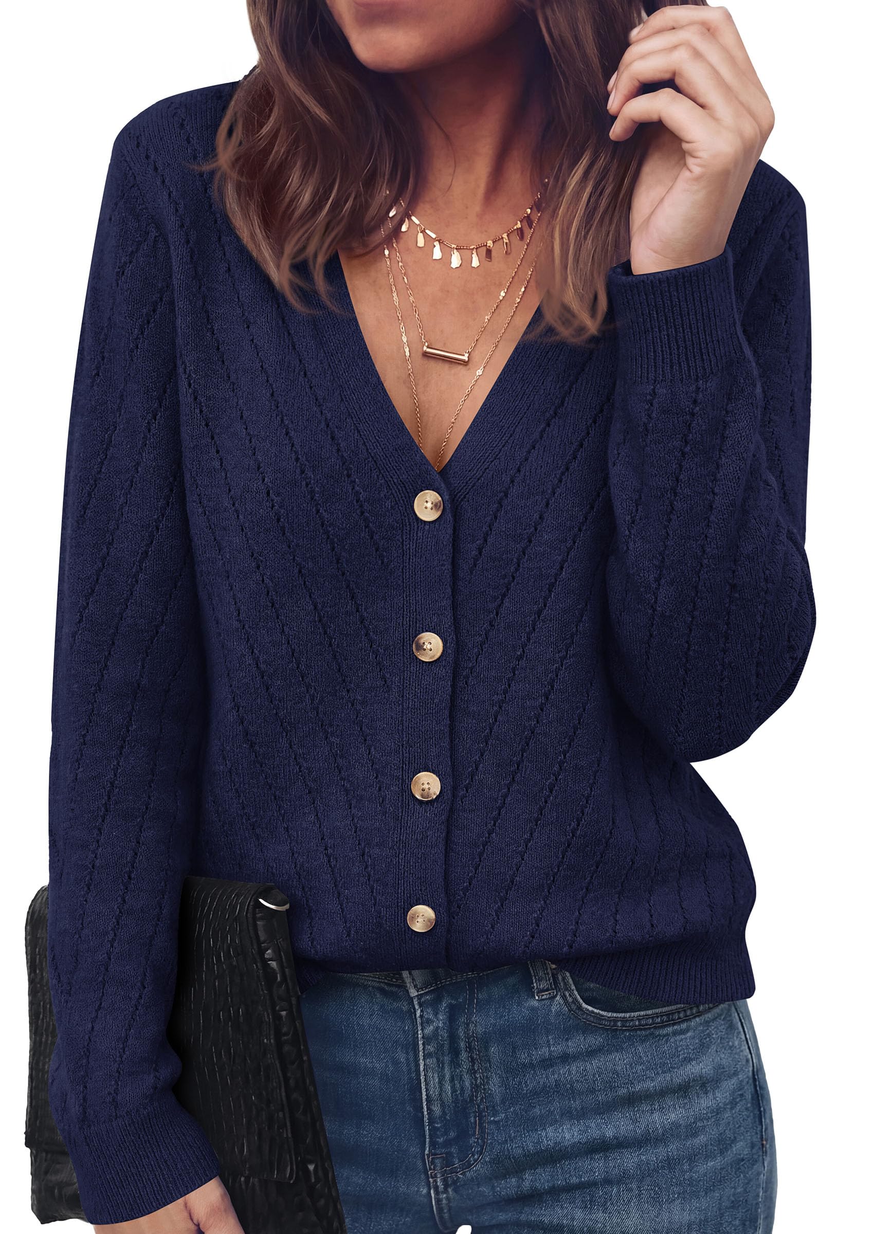 Women's Cozy Cardigan Sweater with Button (Navy Blue,S)