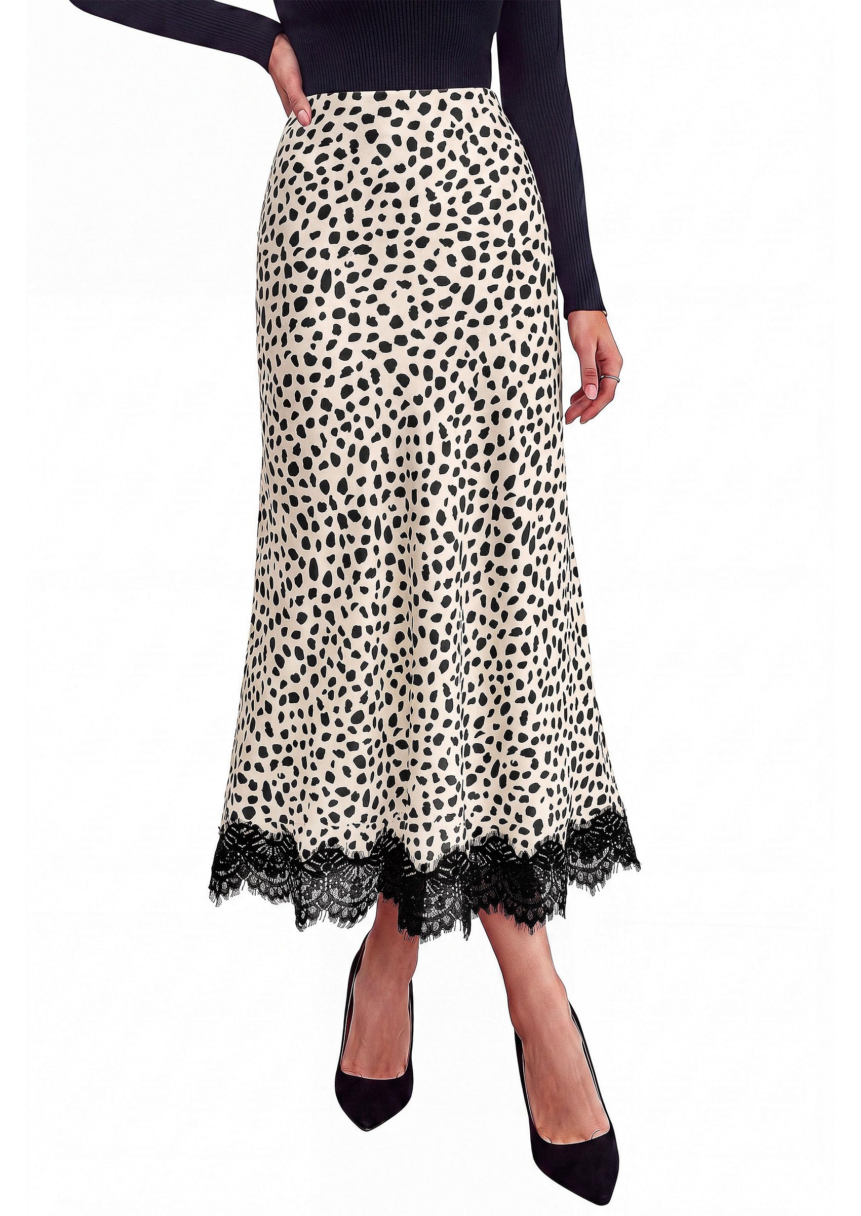 Women's Polka Dot Satin Skirt Fall Flowy Midi Leopard Skirts
