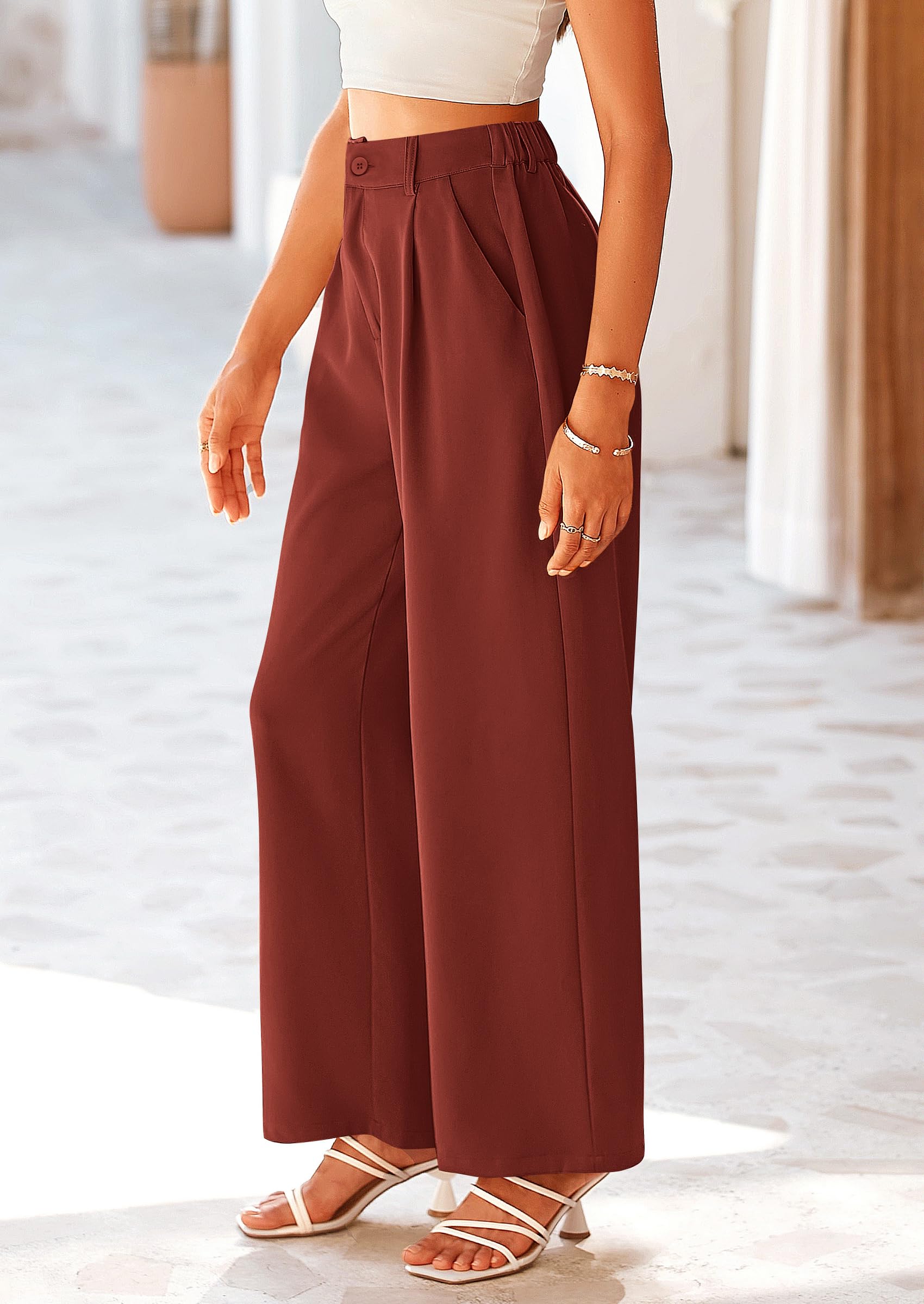 Women's Flowy Wide Leg Dress Pants,Rust Red,S