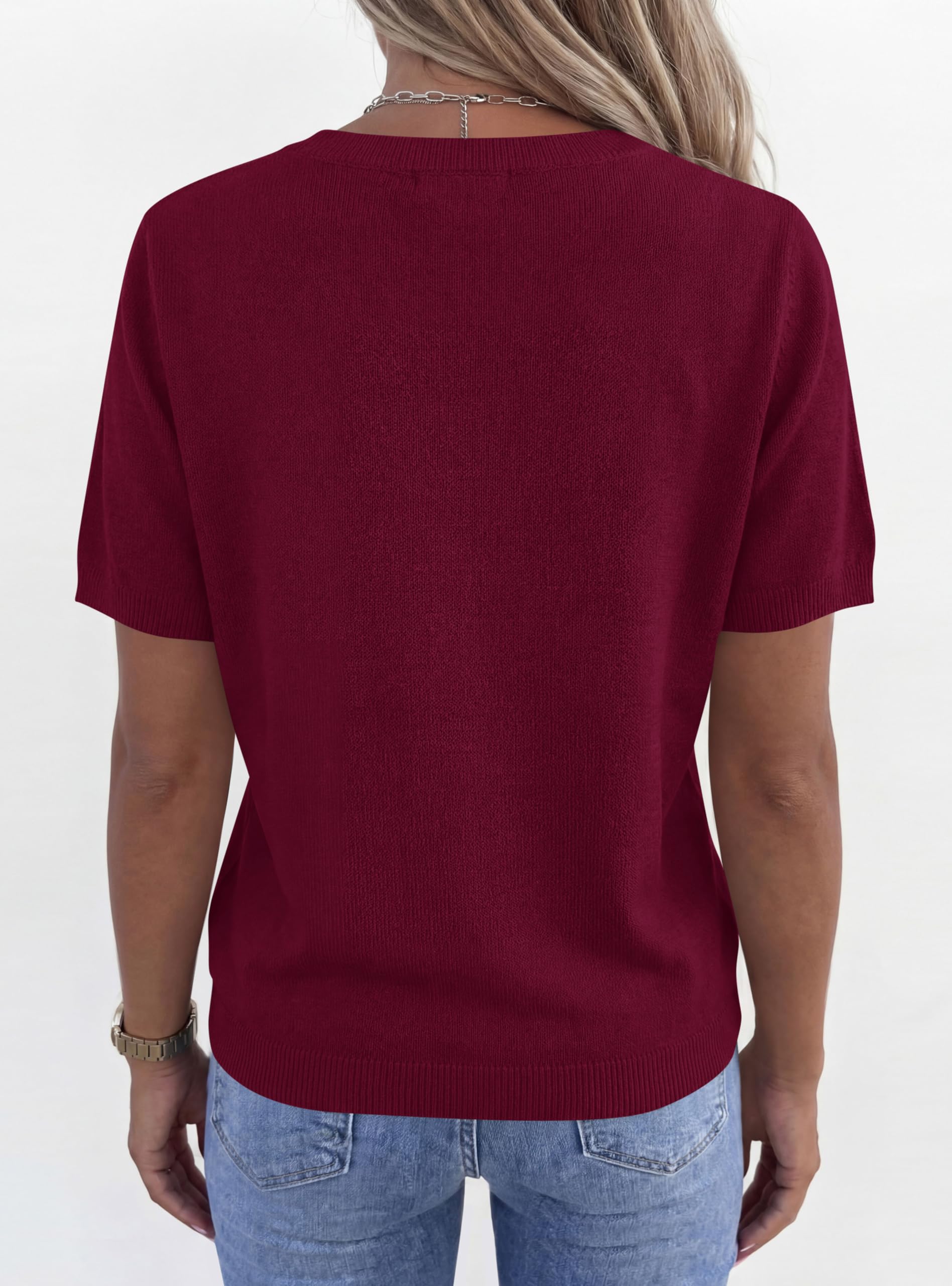 Womens Short Sleeve Sweater V Neck Tops,Wine Red,S