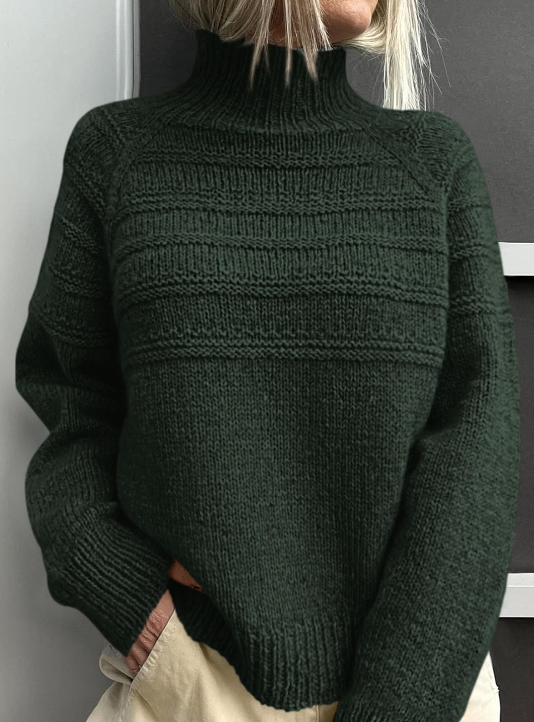 Women's Chunky Knit Mock Neck Pullover Sweaters,Dark Green,S