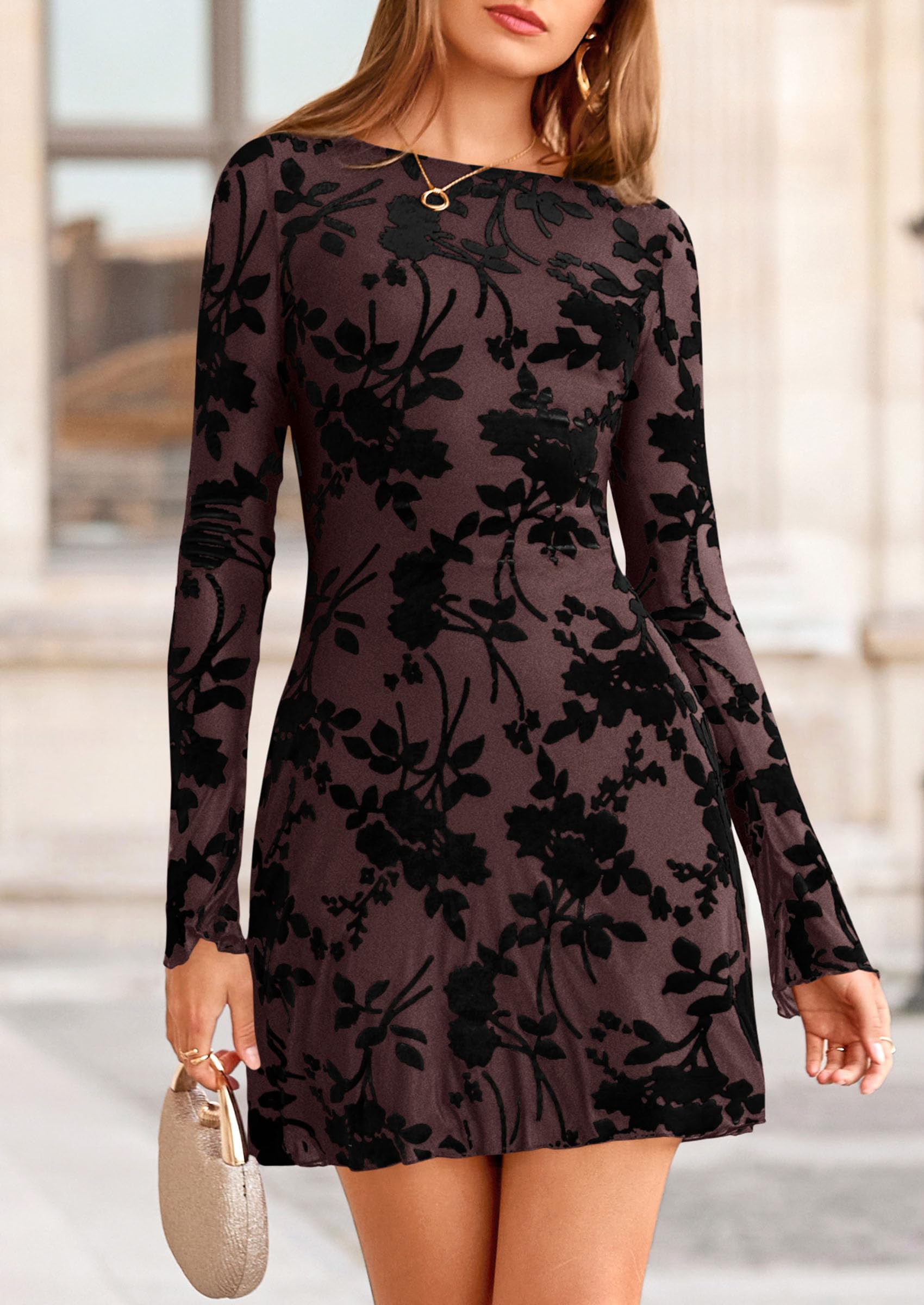 Women's Fall Floral Long Sleeve Mini Dress (Brown Black,XS)